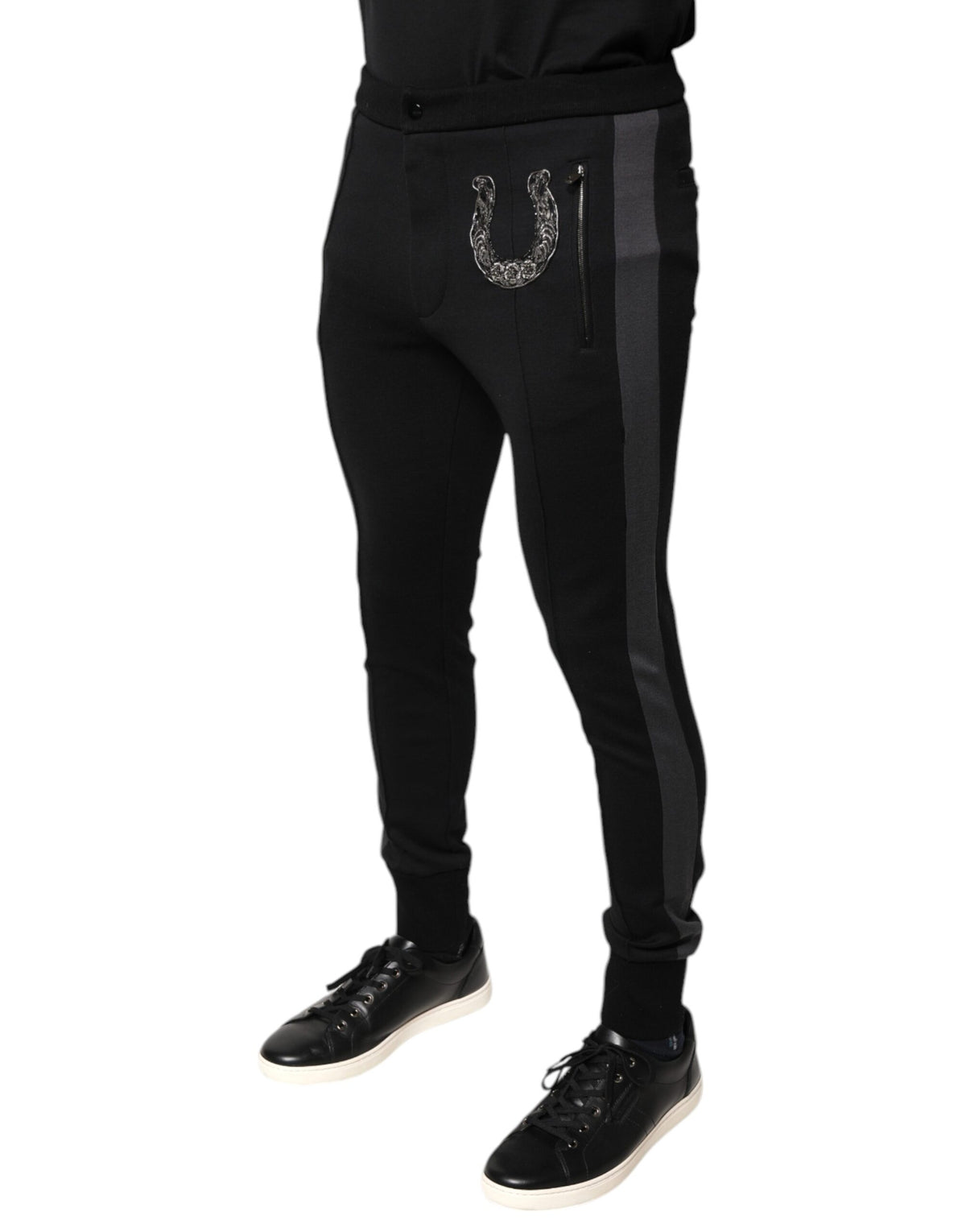 Dolce & Gabbana Schwarze Slim Fit-Hose aus Wolle mit Hufeisenverzierung