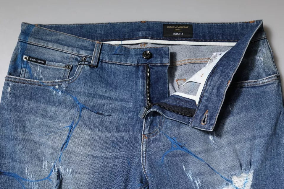 Dolce & Gabbana Blaue Baumwoll-Stretch-Skinny-Jeans aus zerrissenem Denim