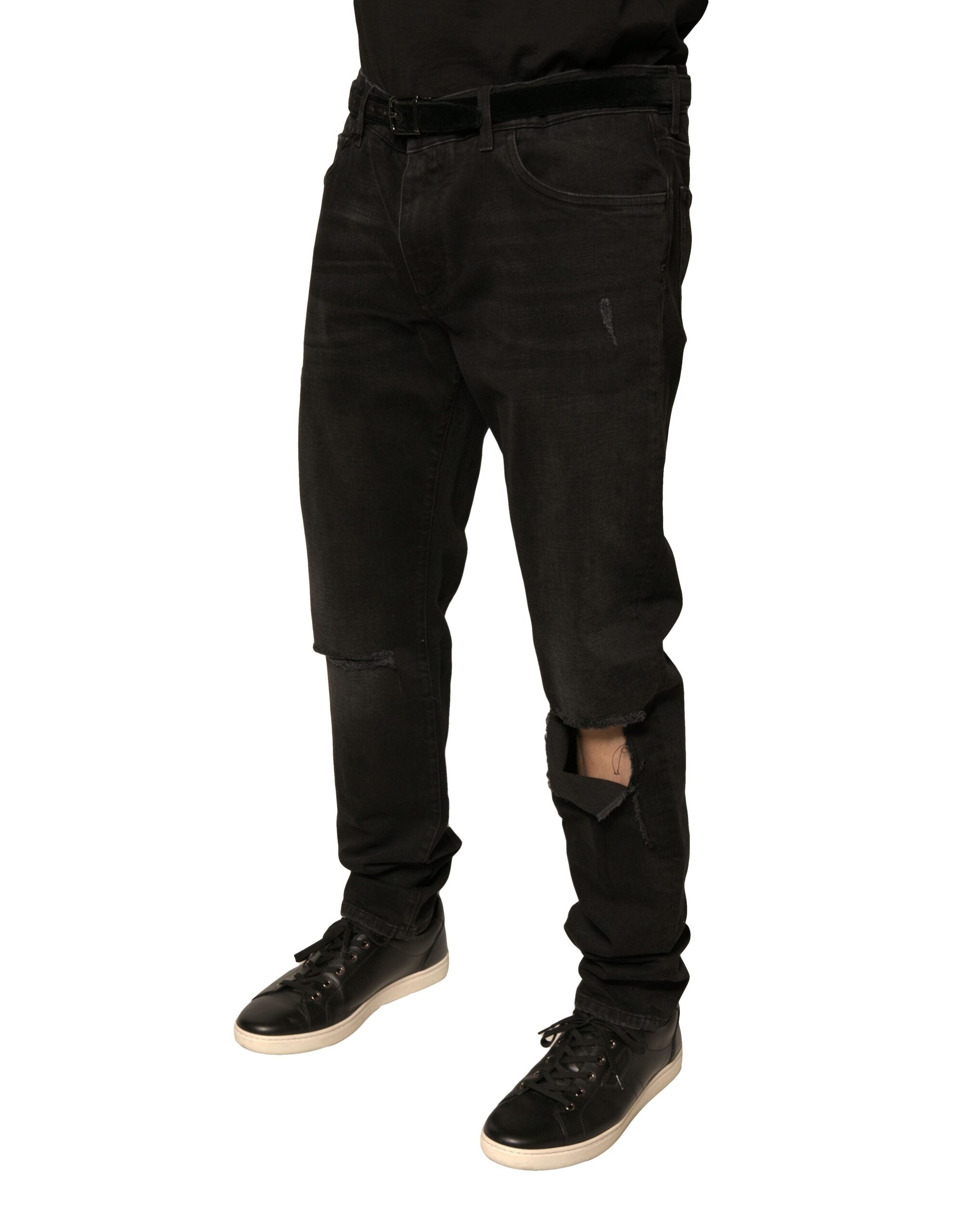 Dolce & Gabbana Schwarze zerrissene Logo-Baumwoll-Skinny-Denim-Jeans