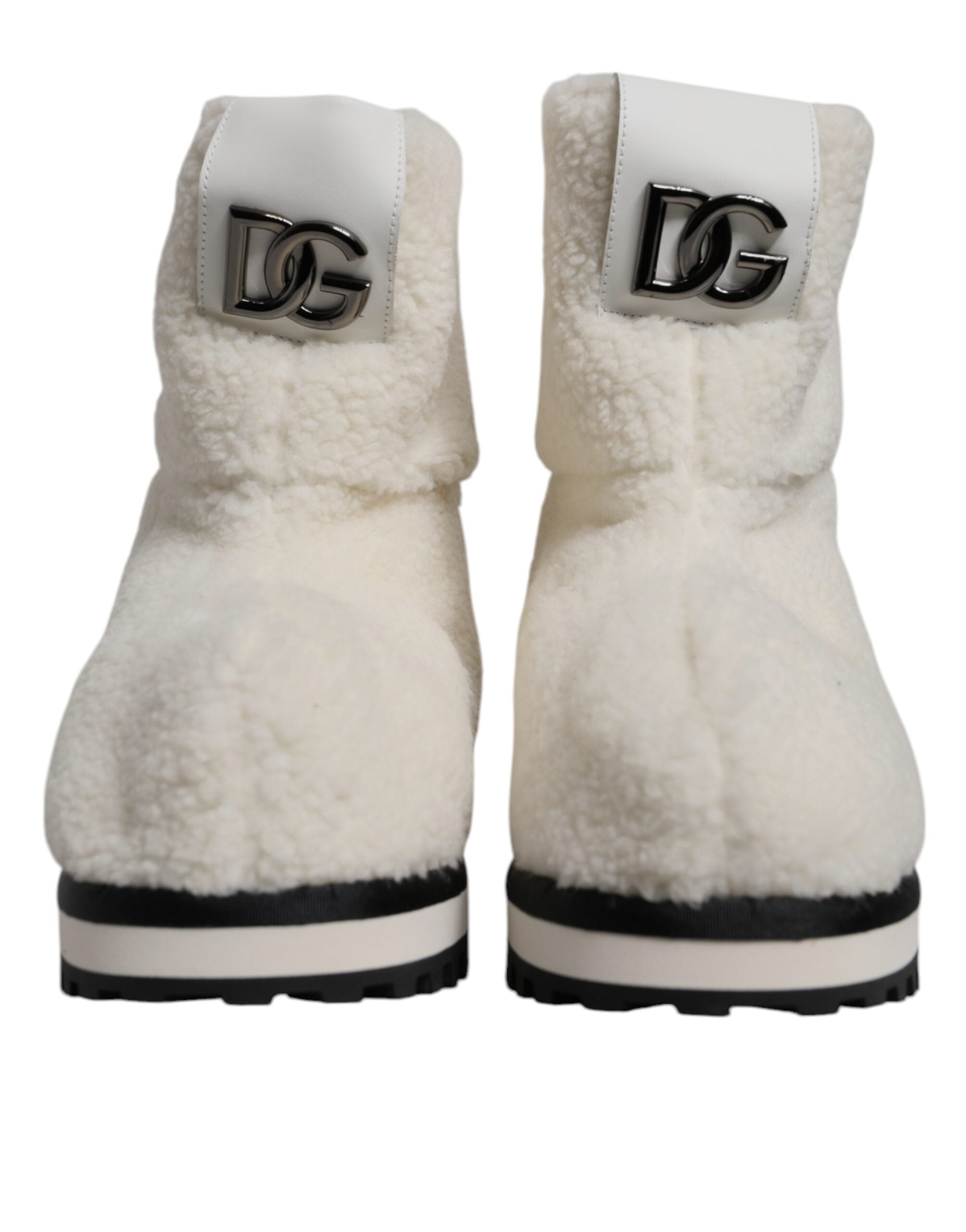 Dolce & Gabbana Weiße Plüsch Logo Gepolsterte Mittlere Wadenstiefel Schuhe