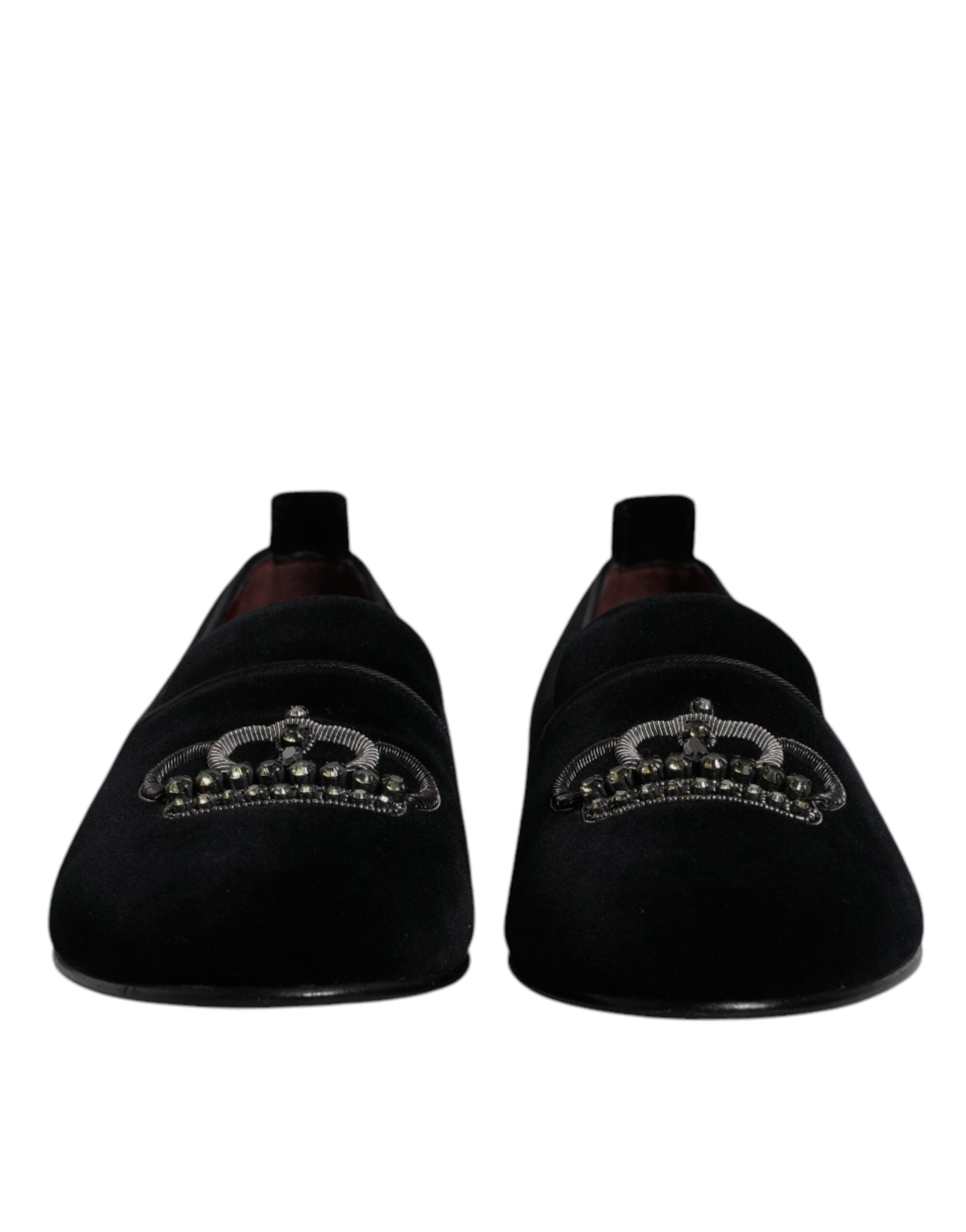Dolce & Gabbana Schwarzer Samt Kristallkrone Loafers Formelle Kleid Schuhe