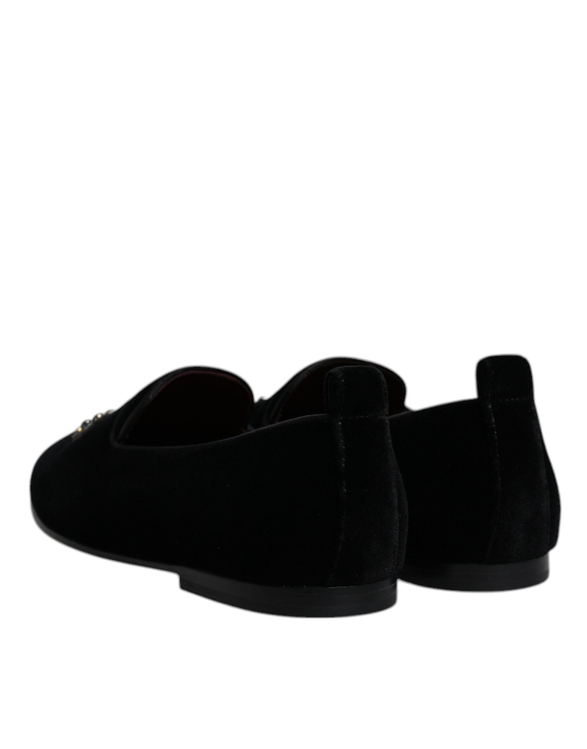 Dolce & Gabbana Schwarzer Samt Kristallkrone Loafers Formelle Kleid Schuhe
