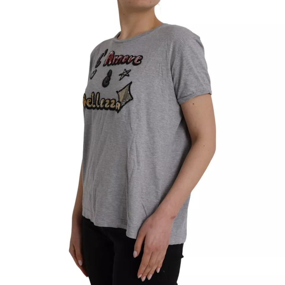 Dolce & Gabbana Graues Baumwoll-T-Shirt L'Amore E'Bellezza Top