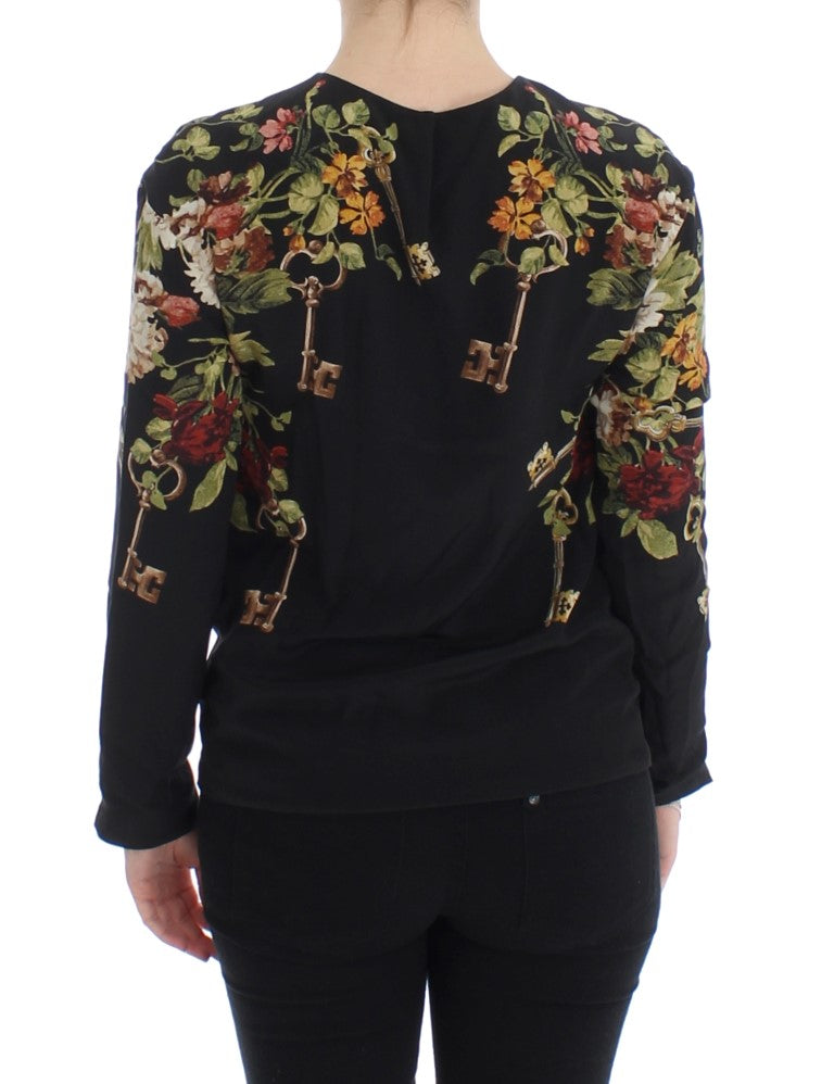 Dolce & Gabbana Schwarzes Seidenblusentop mit Blumendruck