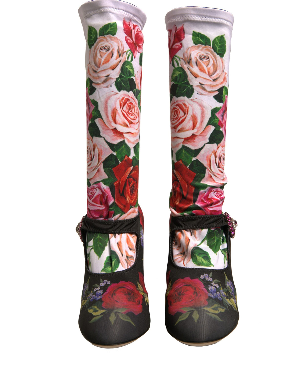 Dolce & Gabbana Schwarz Floral Socken Kristall Stiefel Jersey Schuhe
