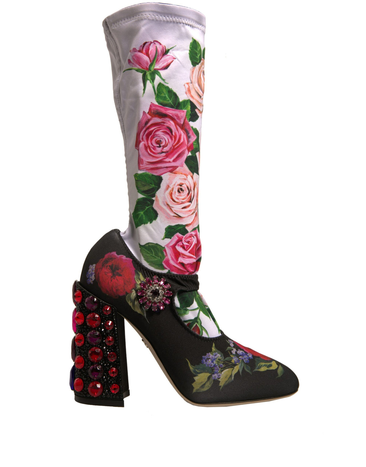 Dolce & Gabbana Schwarz Floral Socken Kristall Stiefel Jersey Schuhe