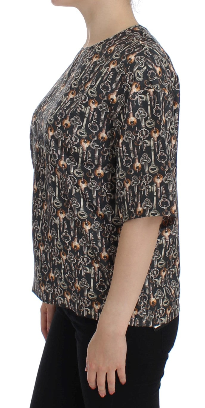 Dolce & Gabbana Graue Seidenbluse mit Goldschlüssel-Druck T-shirt