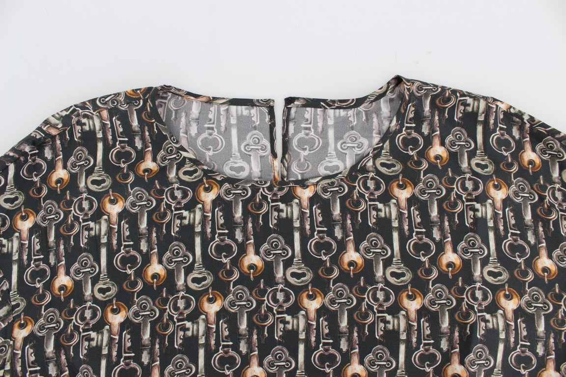 Dolce & Gabbana Graue Seidenbluse mit Goldschlüssel-Druck T-shirt