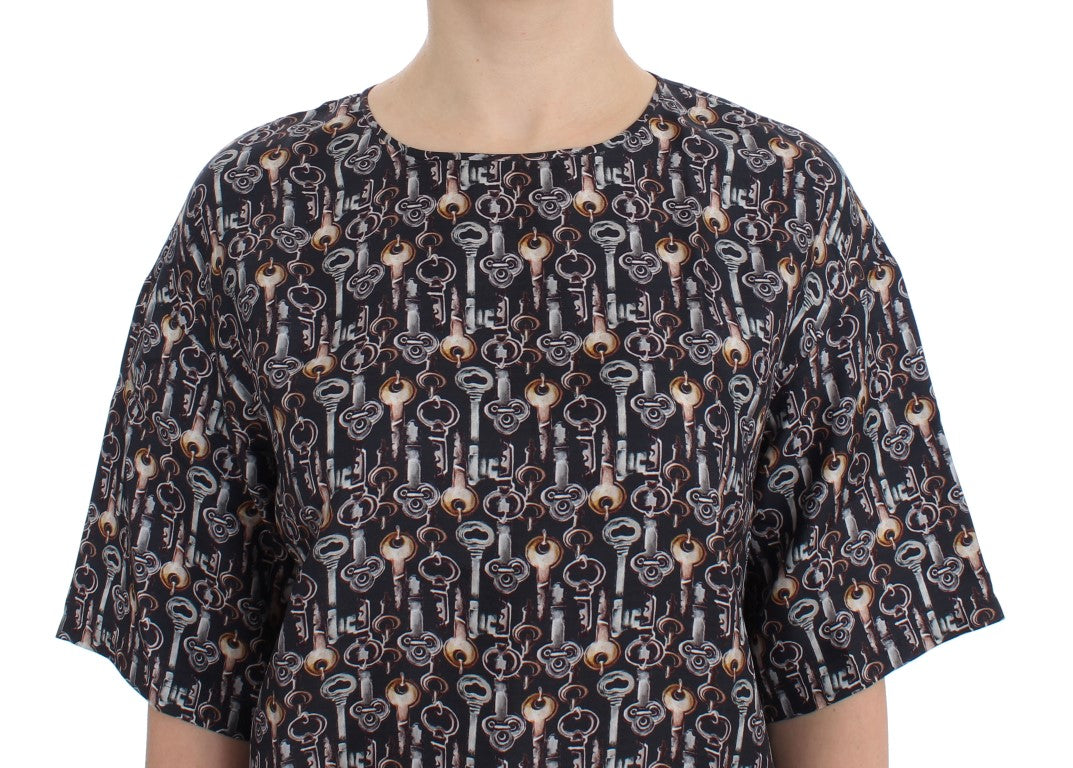 Dolce & Gabbana Graue Seidenbluse mit Goldschlüssel-Druck T-shirt