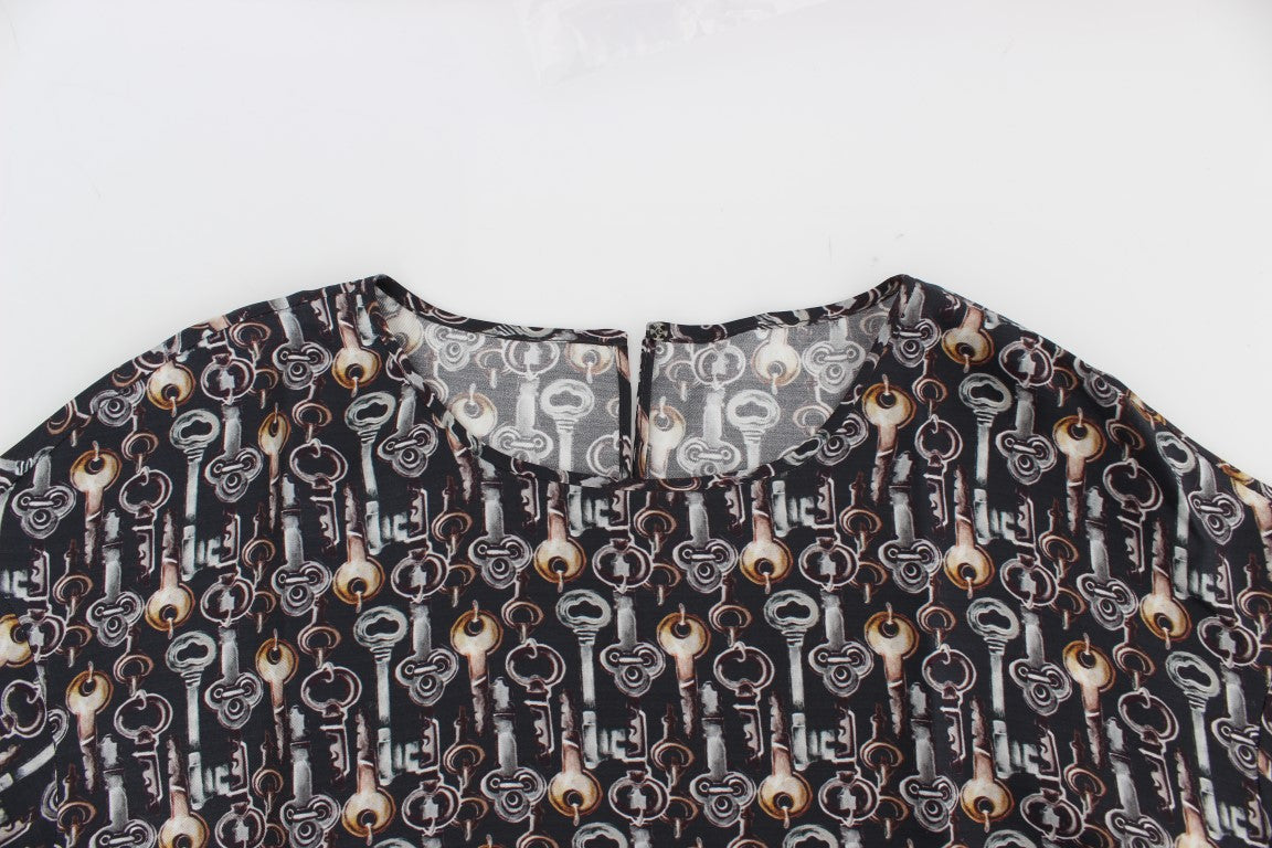 Dolce & Gabbana Graue Seidenbluse mit Goldschlüssel-Druck T-shirt