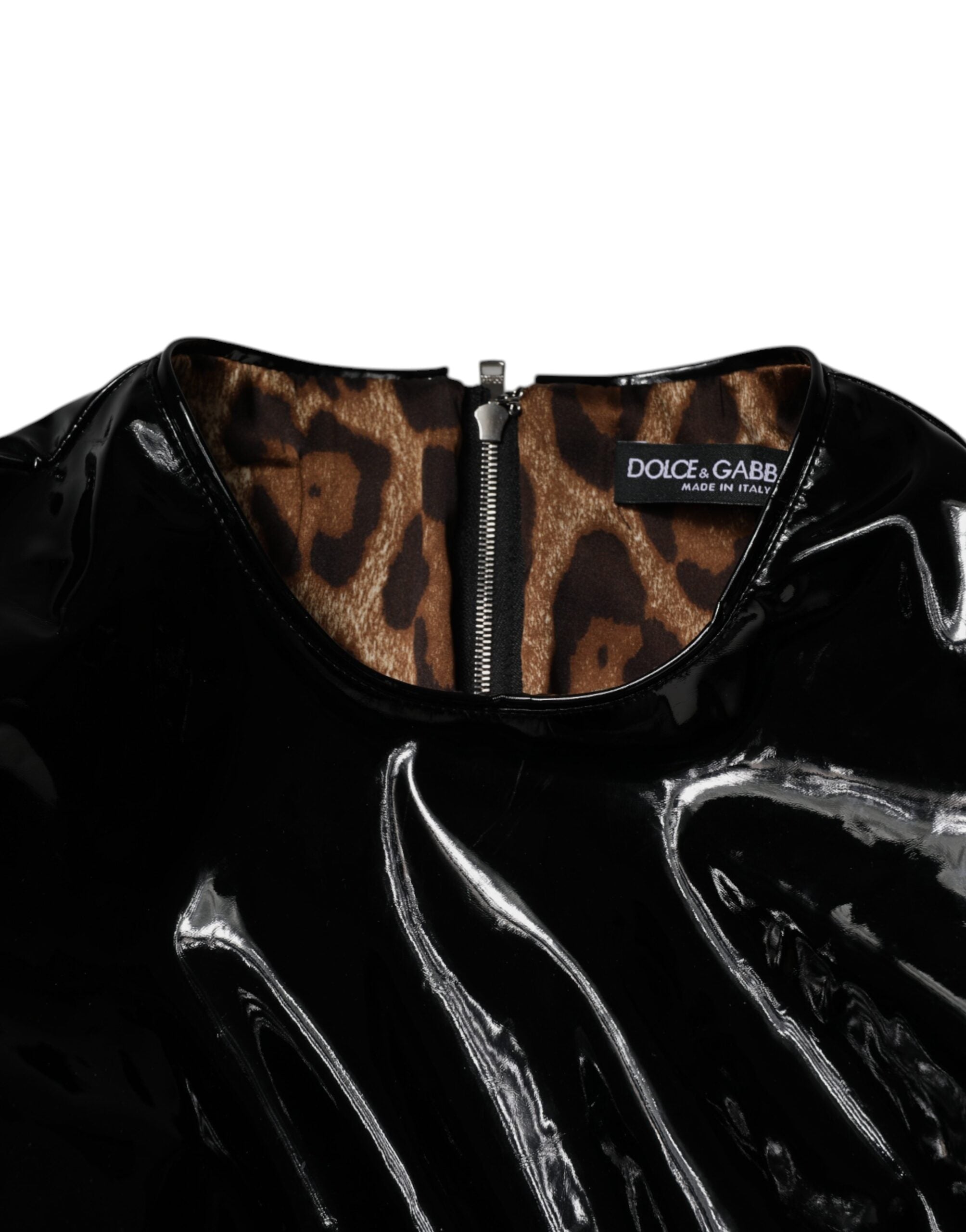 Dolce & Gabbana Schwarzes Lackleder Minikleid mit Puffärmeln