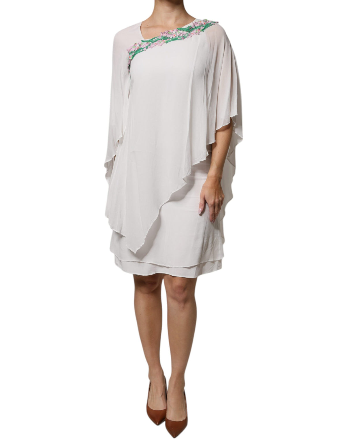 Blumarine Weißes, mit Blumen besticktes Viskose-Chiffon-Schiebekleid
