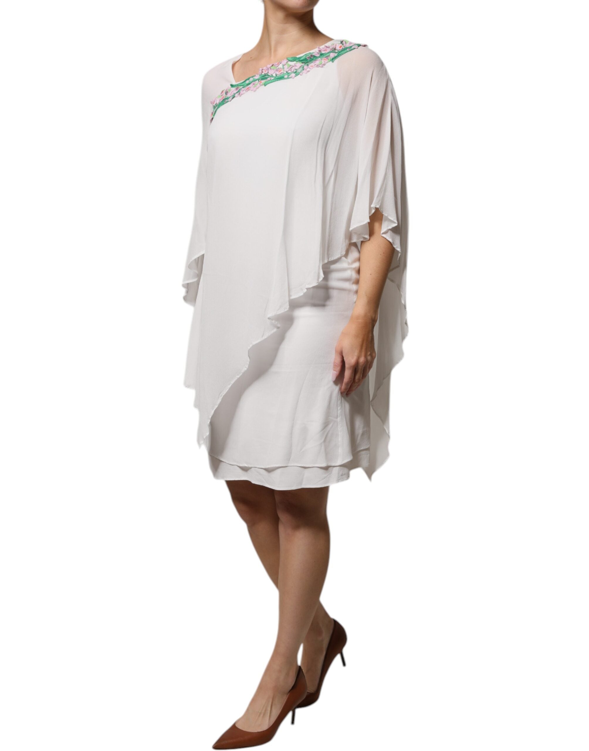 Blumarine Weißes, mit Blumen besticktes Viskose-Chiffon-Schiebekleid