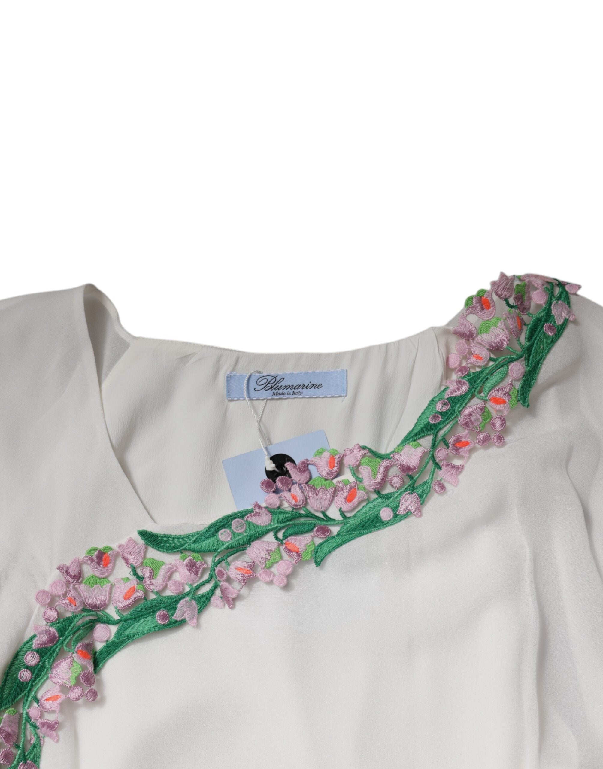 Blumarine Weißes, mit Blumen besticktes Viskose-Chiffon-Schiebekleid