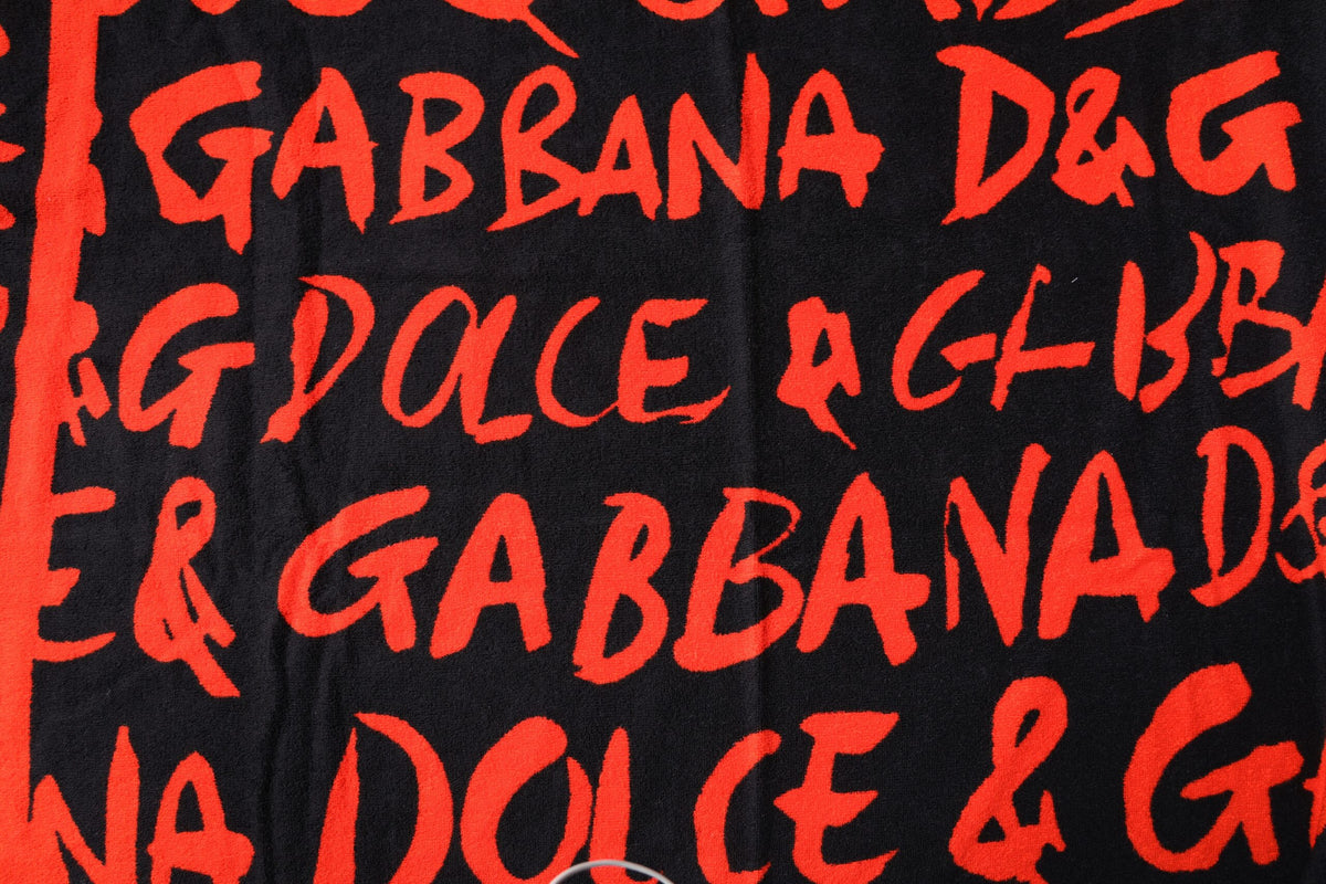 Dolce & Gabbana Schwarz-Rot Logo Print Baumwolle Strandtuch