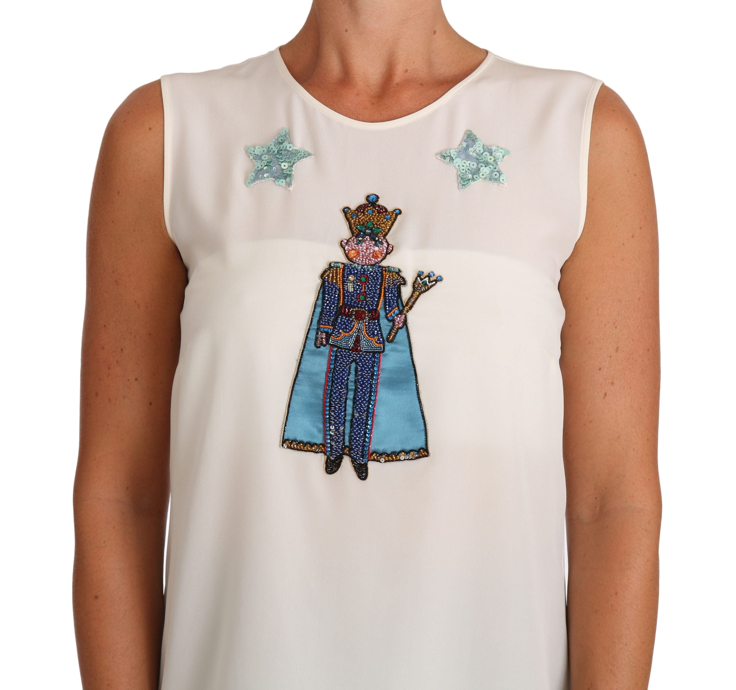 Dolce & Gabbana Weißes Seiden-Kristall-Pailletten-Fee-T-Shirt