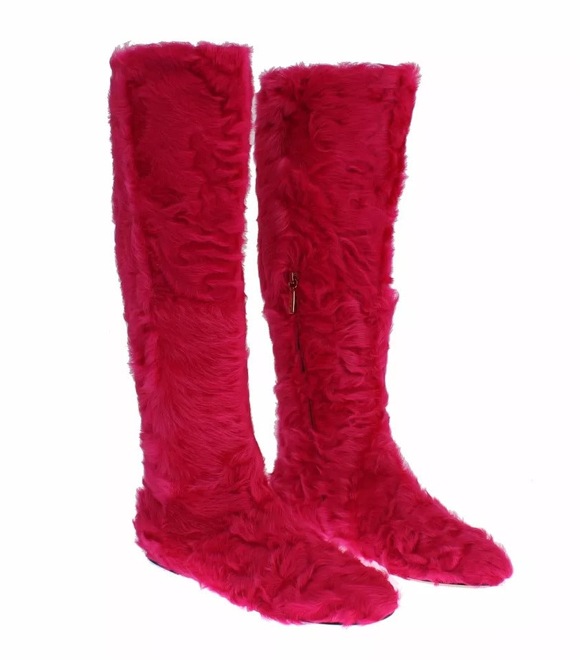 Dolce & Gabbana Rosa Lammfell Leder Flache Stiefel Schuhe