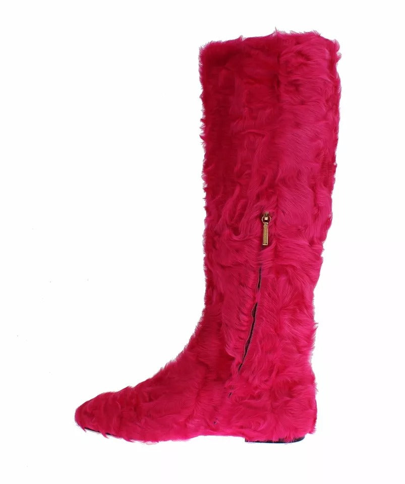 Dolce & Gabbana Rosa Lammfell Leder Flache Stiefel Schuhe