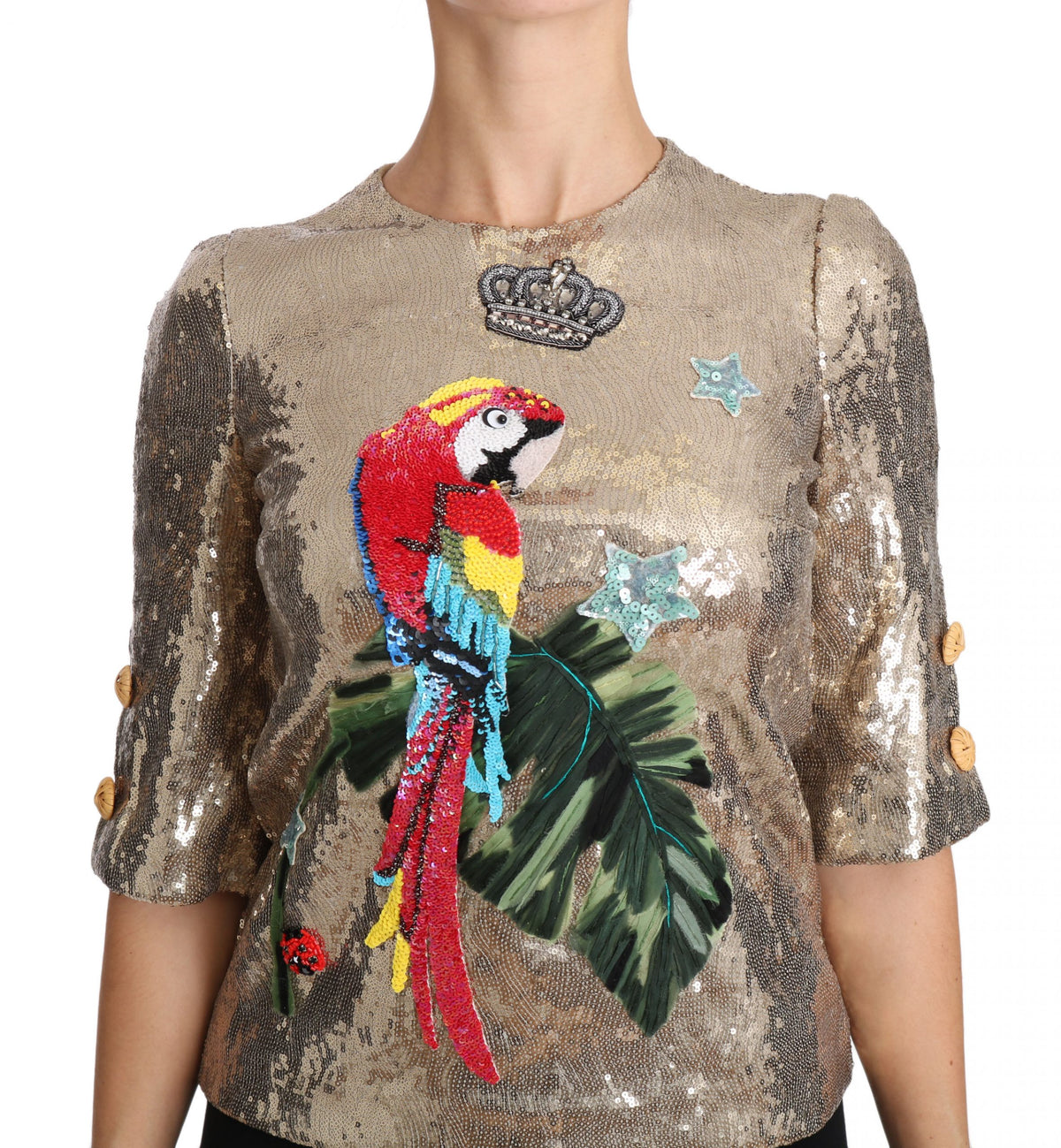 Dolce & Gabbana Goldfarbene Pailletten-Papageien-Kristallbluse