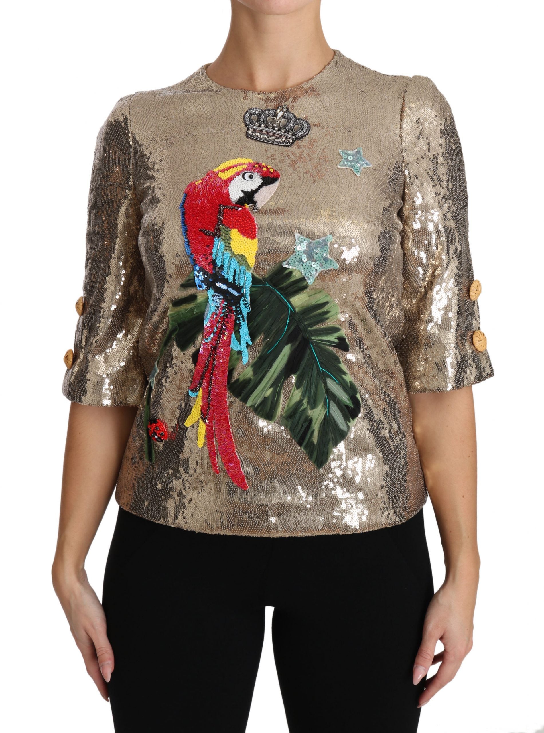 Dolce & Gabbana Goldfarbene Pailletten-Papageien-Kristallbluse