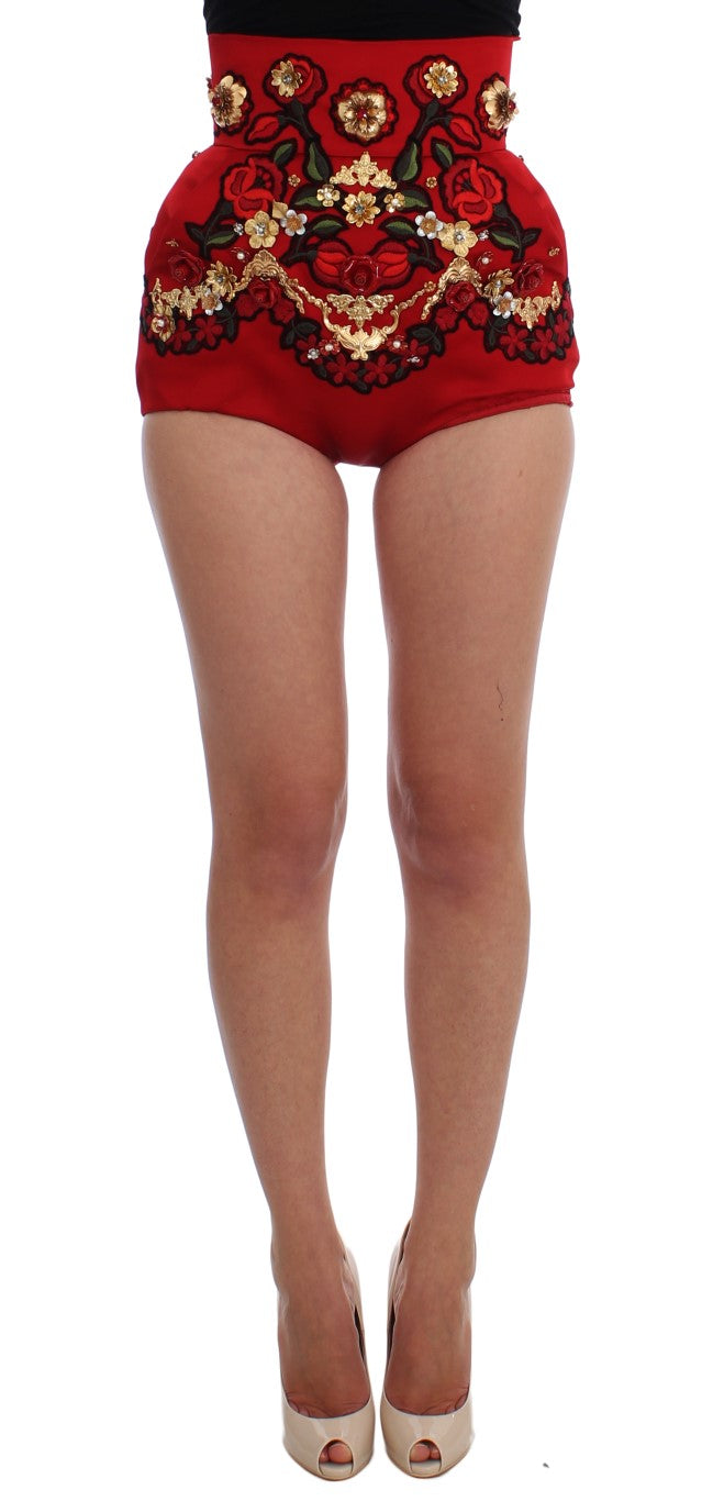 Dolce & Gabbana Rote Seidenkristallrosen Shorts