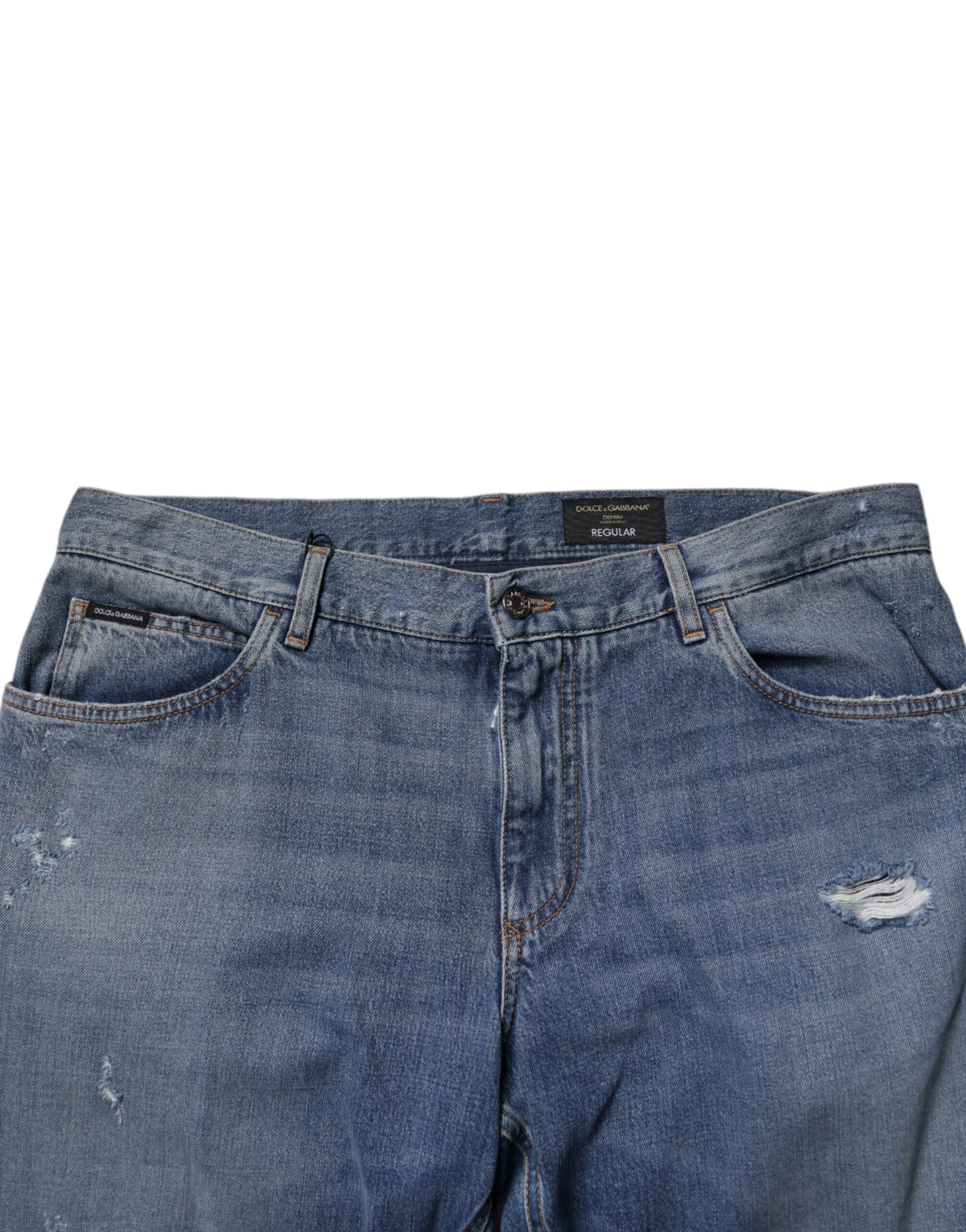 Dolce & Gabbana Blaue zerfledderte Straight Denim Jeans aus Baumwolle