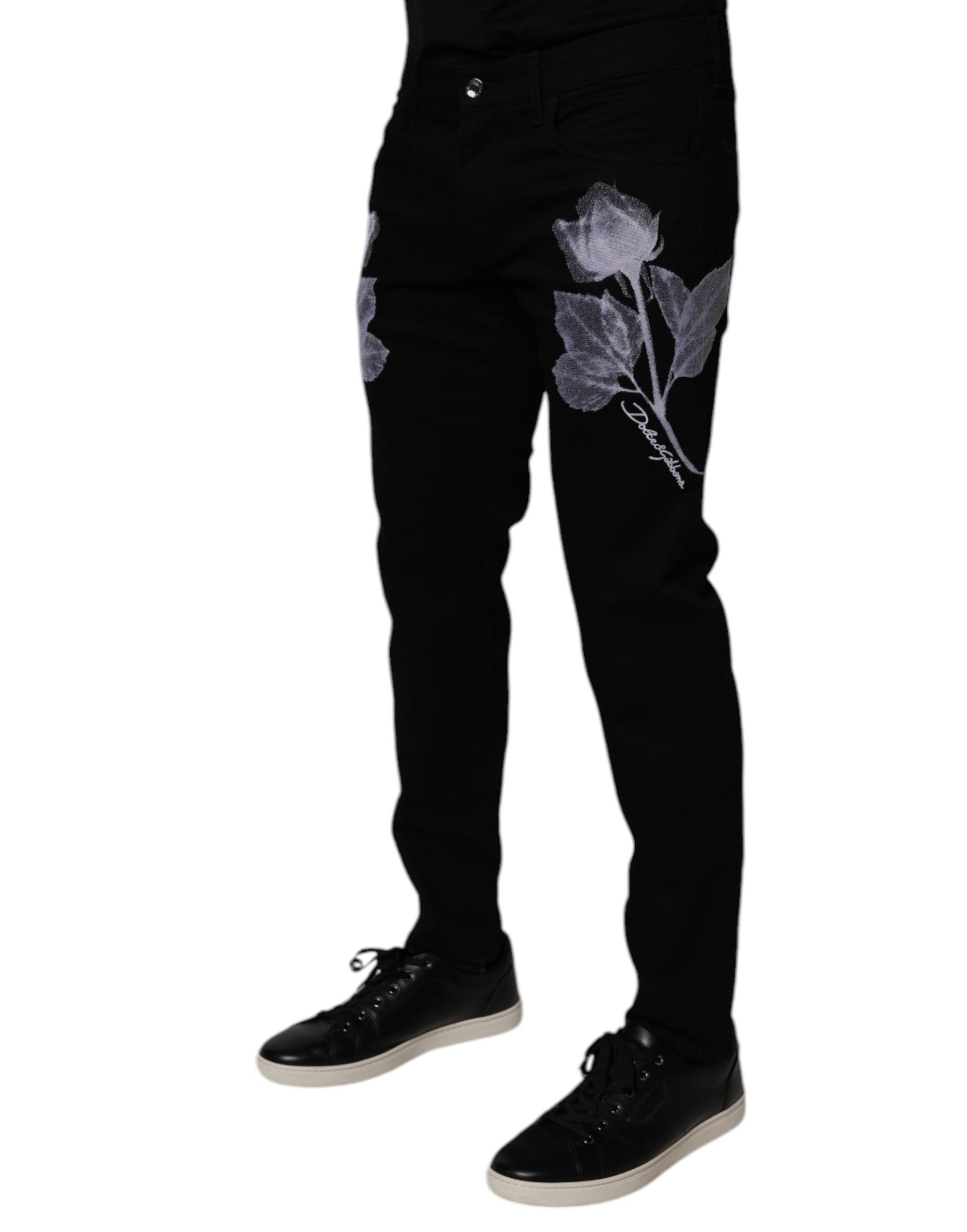 Dolce & Gabbana Schwarze Skinny-Jeans aus Baumwolle mit Blumenmuster für Herren
