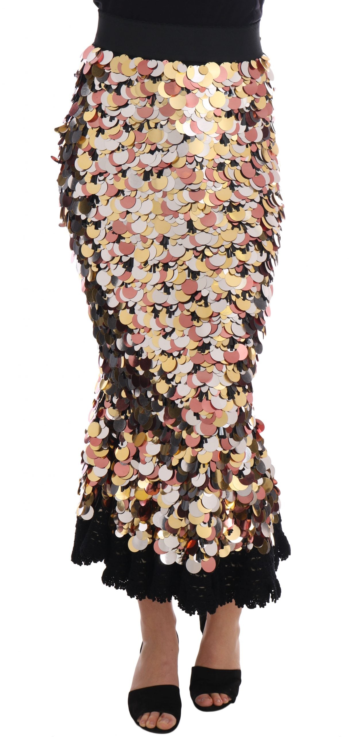 Dolce & Gabbana Goldfarbener Schößchenrock mit hoher Taille und Paillettenbesatz