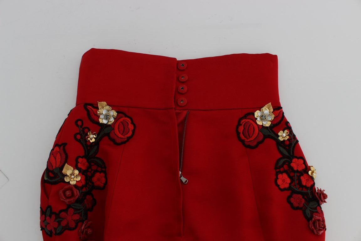 Dolce & Gabbana Rote Seidenkristallrosen Shorts