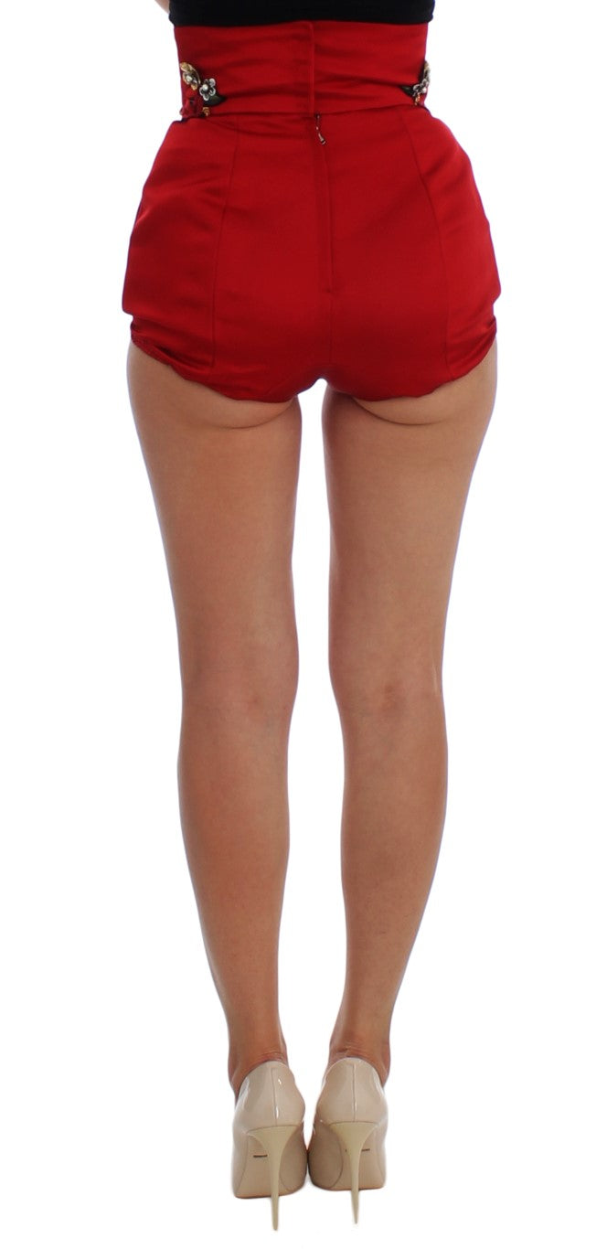 Dolce & Gabbana Rote Seidenkristallrosen Shorts
