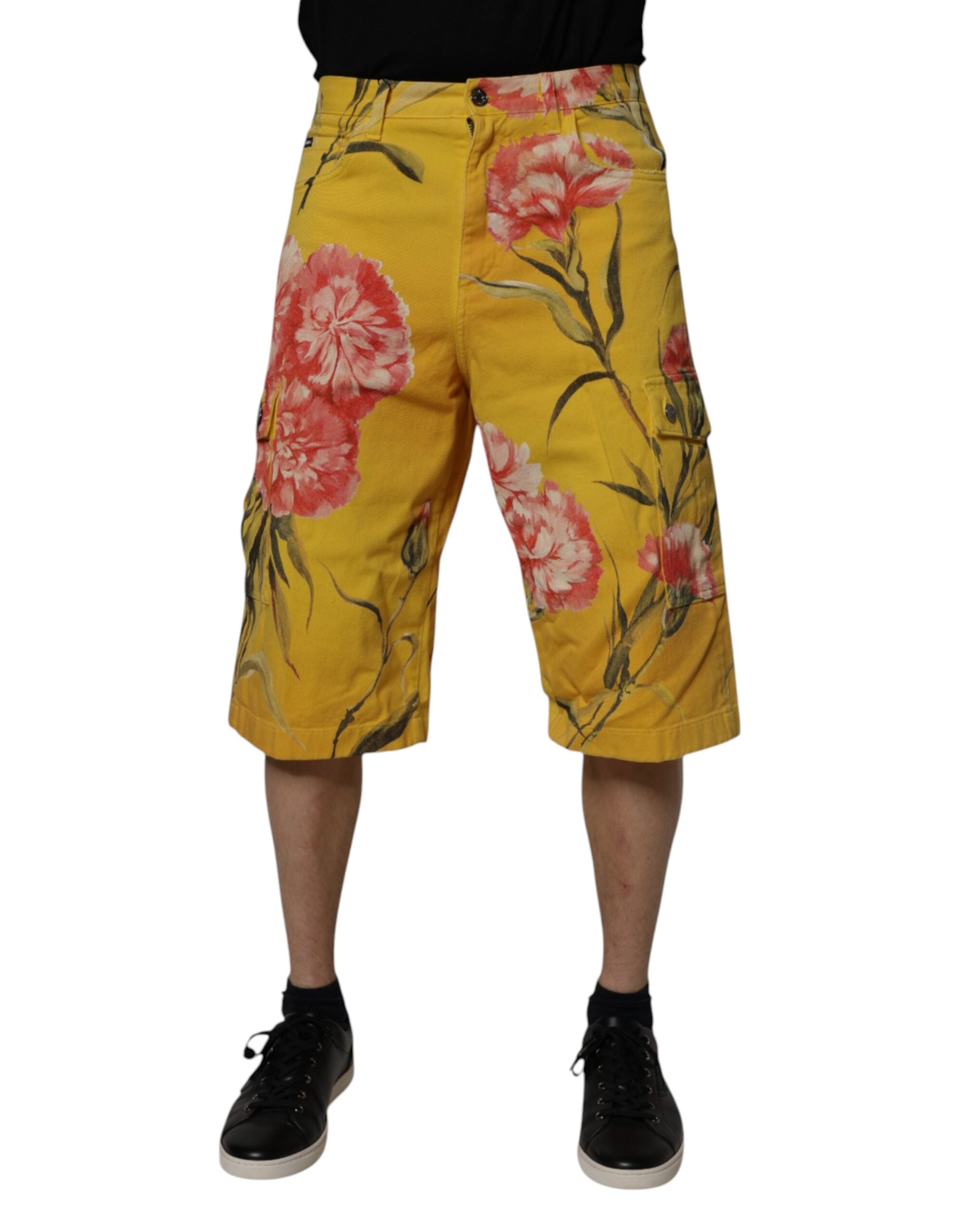 Dolce & Gabbana Gelbe geblümte Cargo Denim Herren Bermudashorts