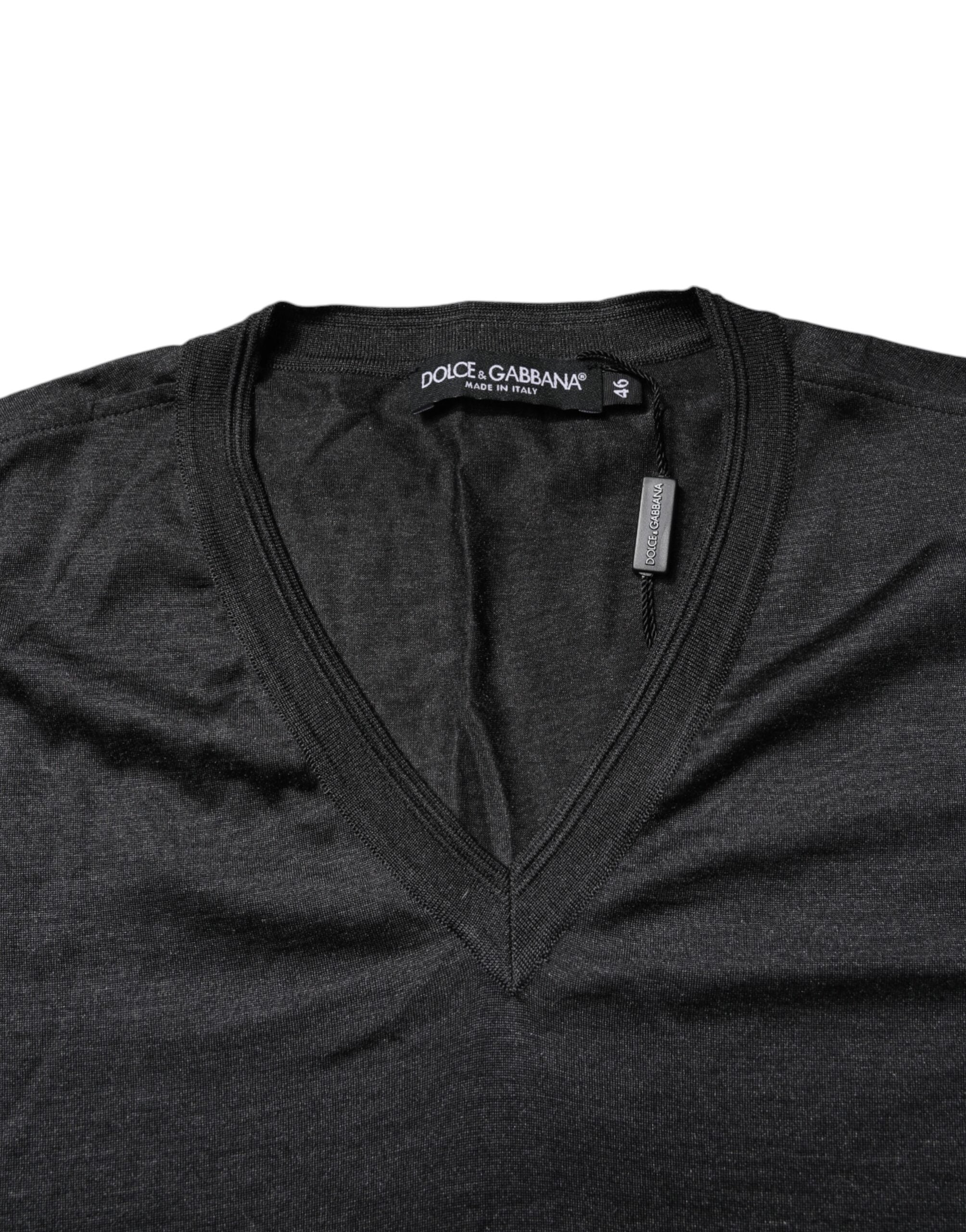 Dolce & Gabbana Dunkelgraues Seiden-T-Shirt mit V-Ausschnitt und kurzen Ärmeln