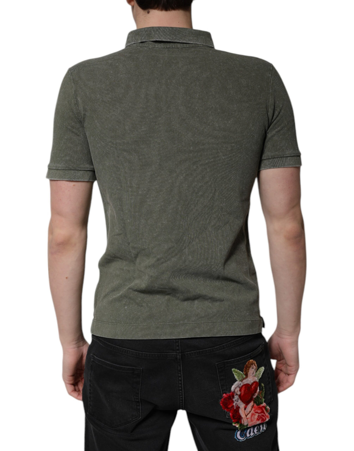 Dolce & Gabbana Armeegrünes Logo-Plakette Baumwoll-Poloshirt T-shirt