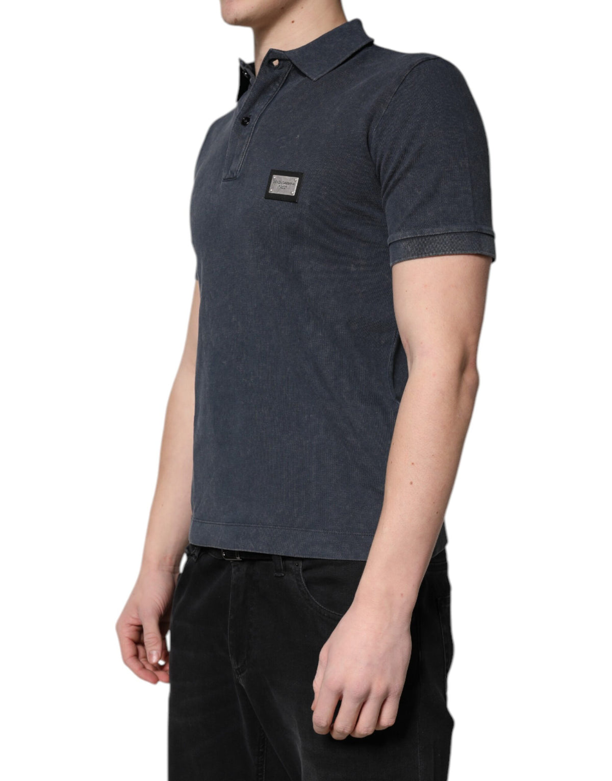 Dolce & Gabbana Dunkelblaues Logo-Plakette Baumwolle Herren-Poloshirt T-shirt