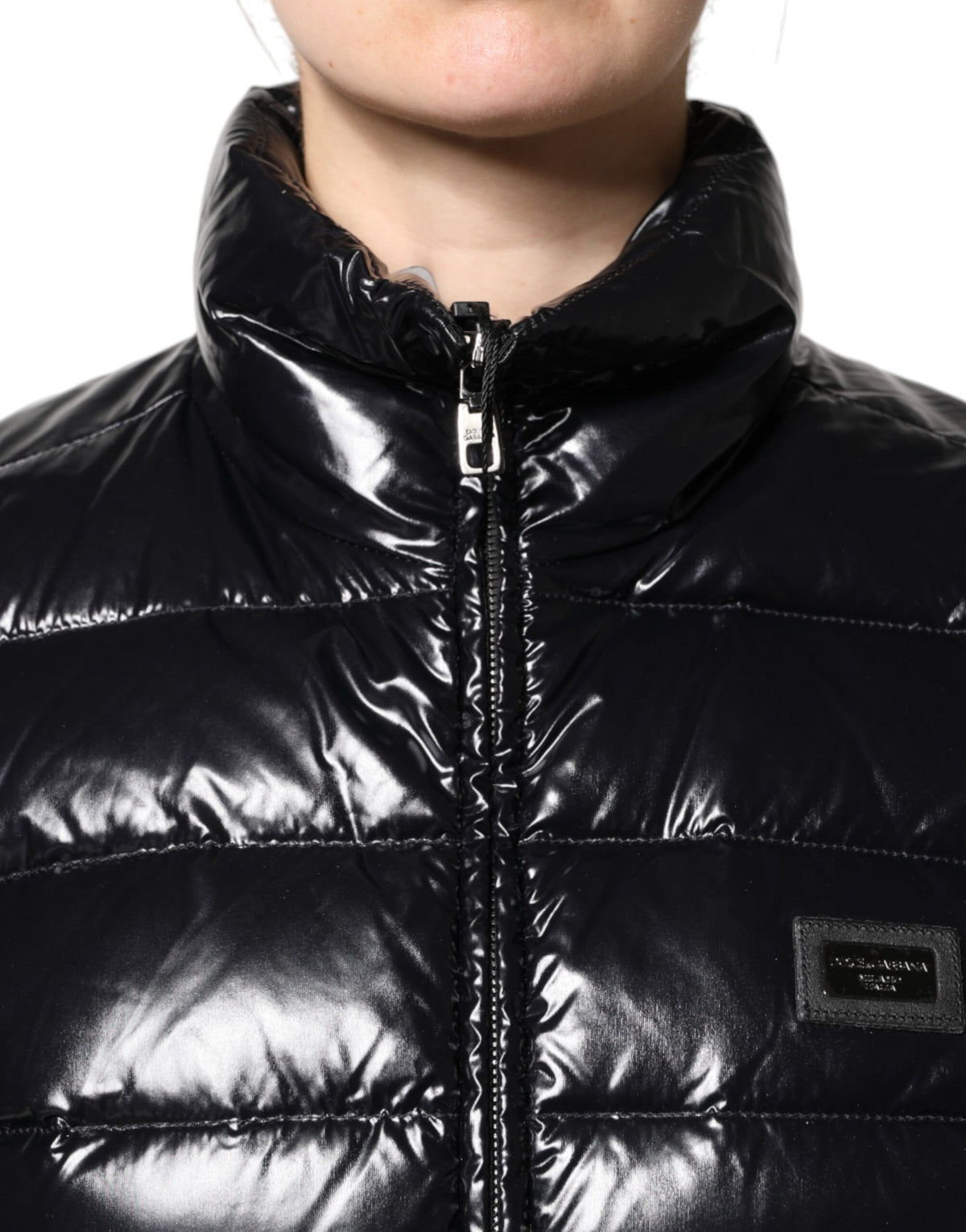 Dolce & Gabbana Schwarze Logo-Plakette Full Zip Pufferjacke