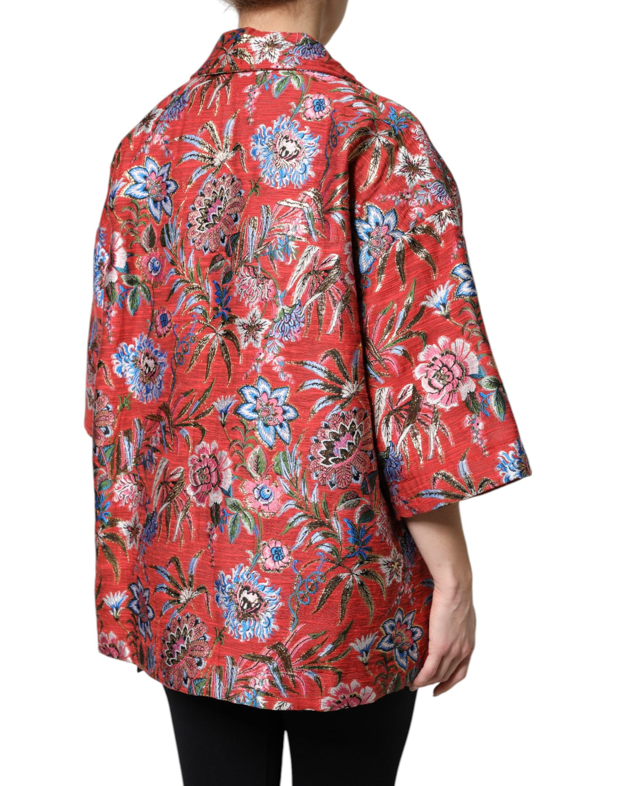 Dolce & Gabbana Roter geblümter Jacquard-Mantel mit Knopfleiste Jacke