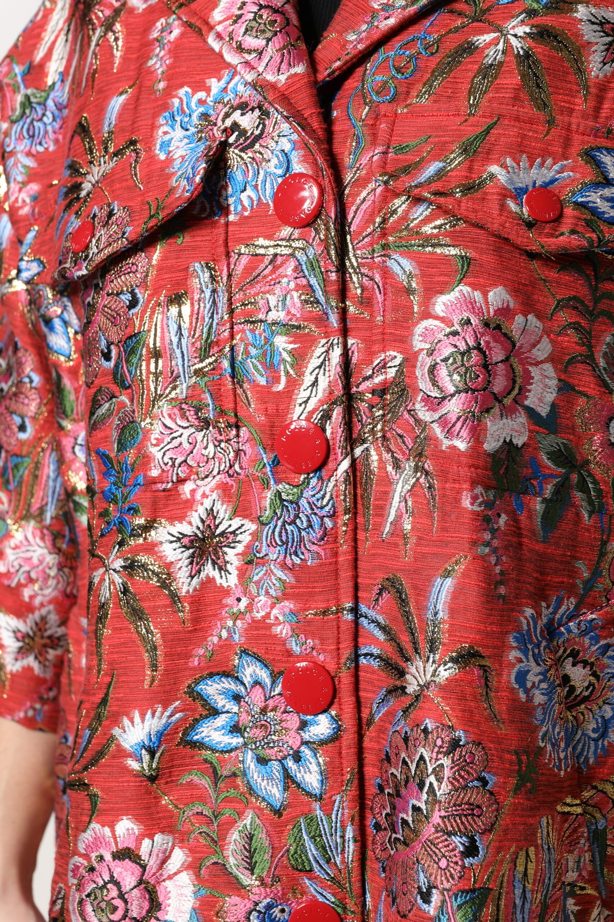 Dolce & Gabbana Roter geblümter Jacquard-Mantel mit Knopfleiste Jacke