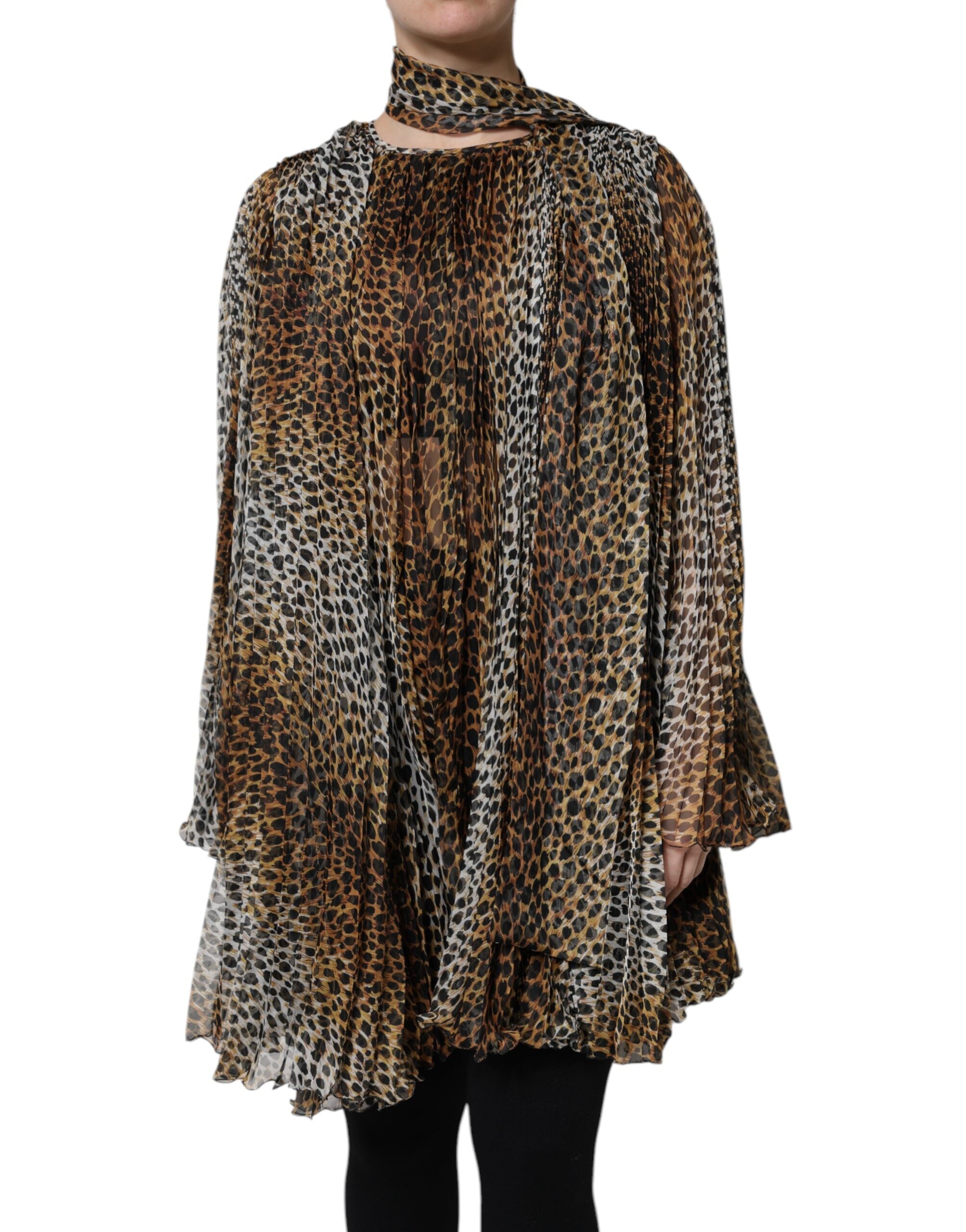 Dolce & Gabbana Braunes Chiffon-Kleid mit Leopardenmuster und Schal