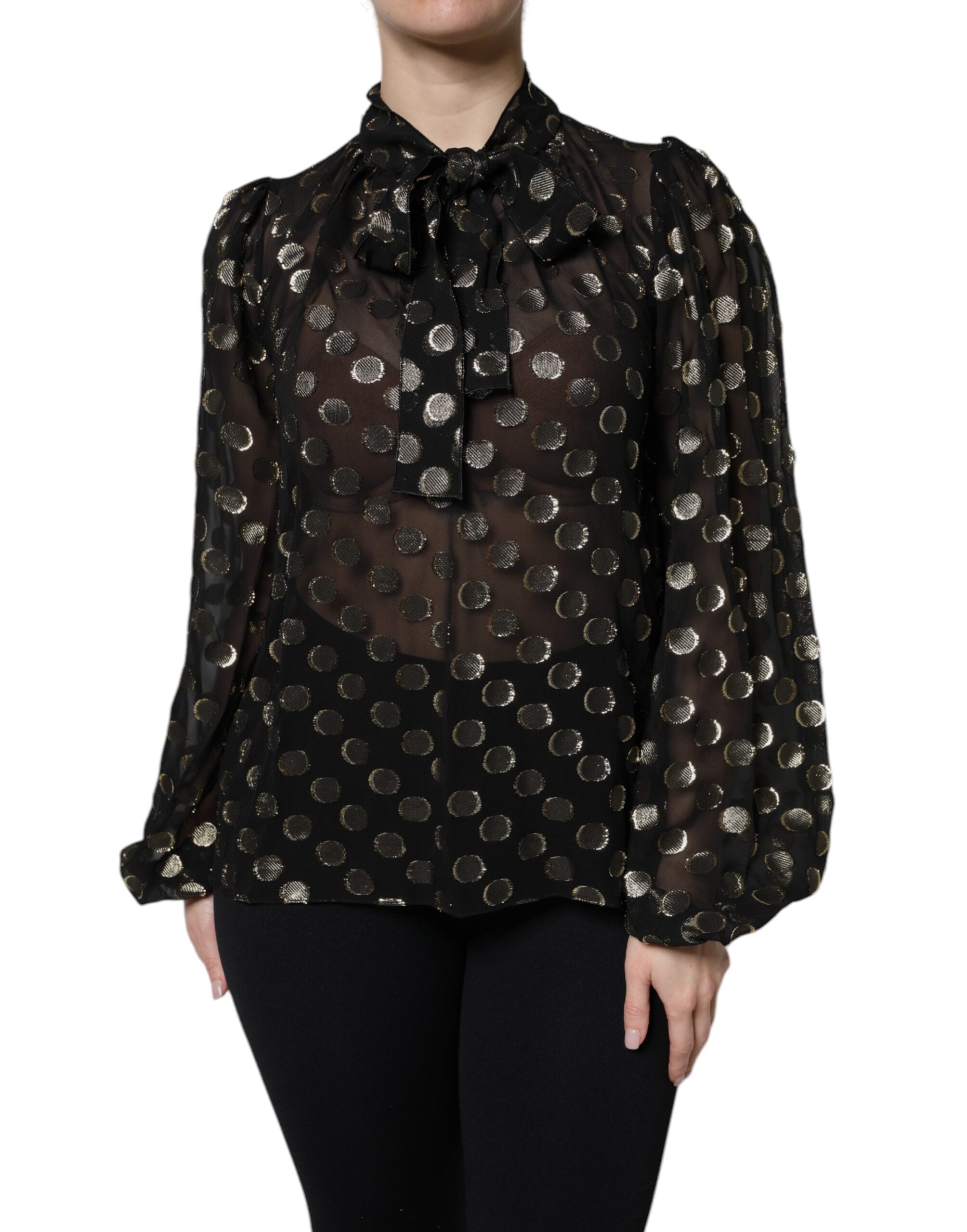 Dolce & Gabbana Schwarzes Blusentop mit geschnürtem Halsausschnitt und Polka Dots