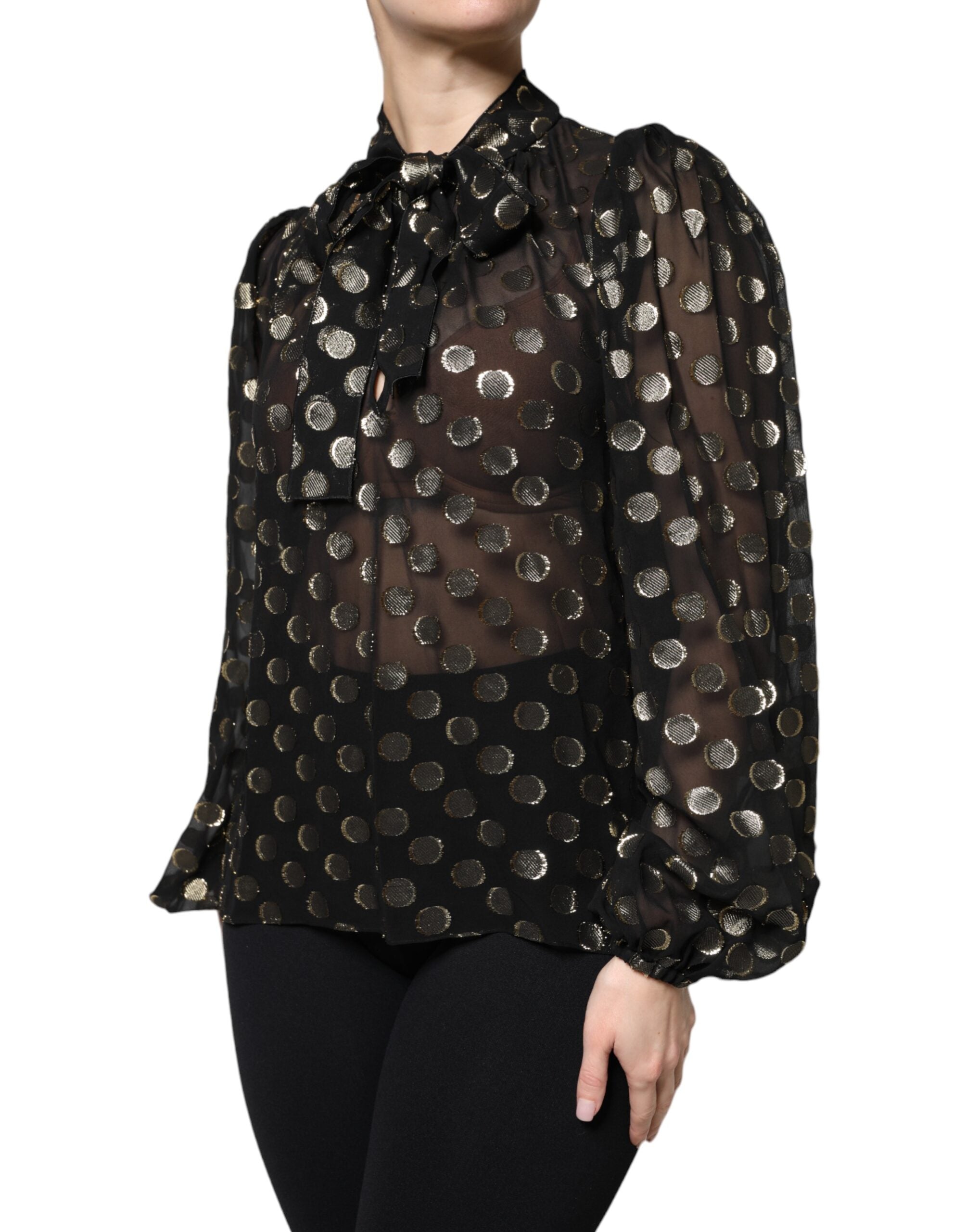 Dolce & Gabbana Schwarzes Blusentop mit geschnürtem Halsausschnitt und Polka Dots