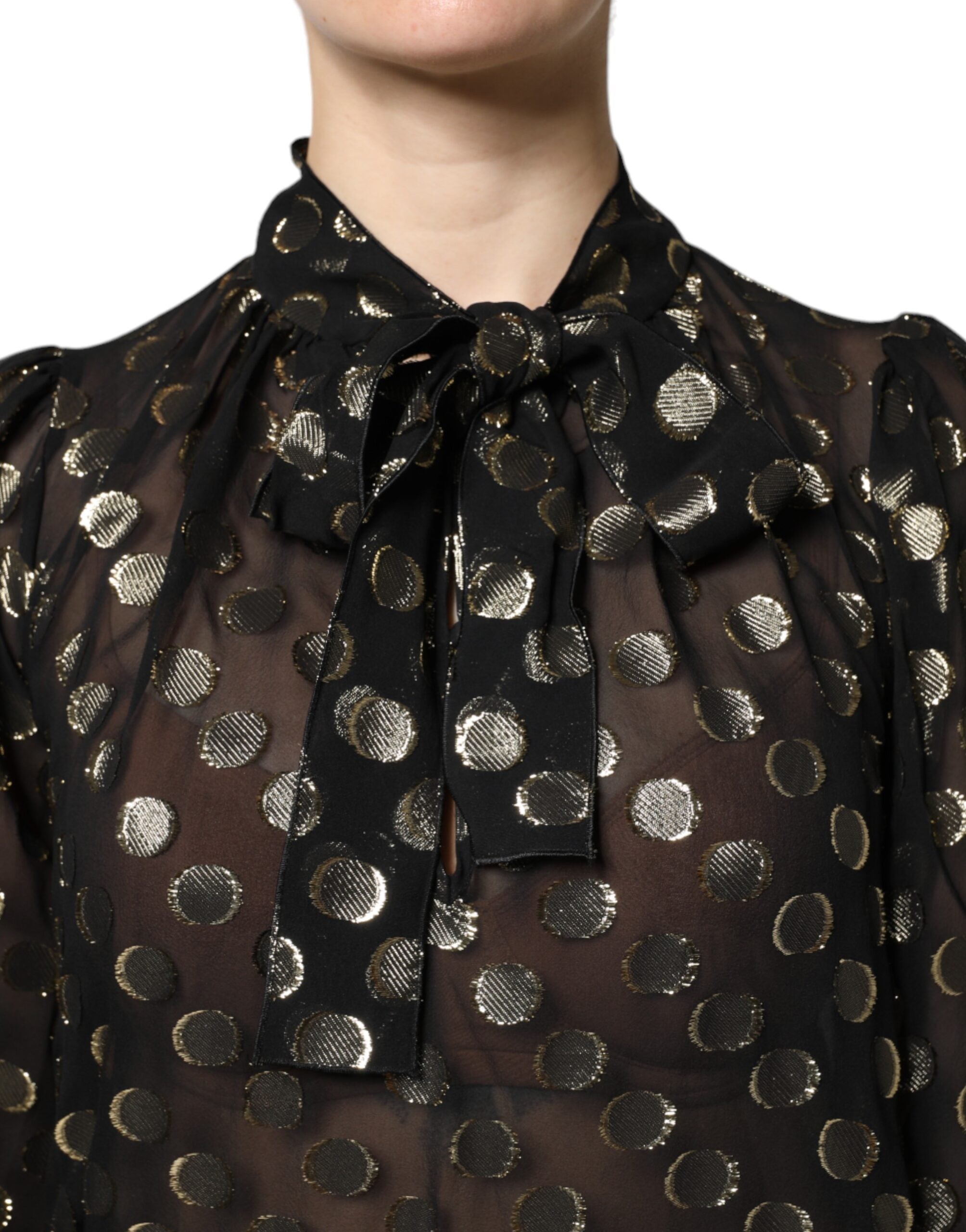 Dolce & Gabbana Schwarzes Blusentop mit geschnürtem Halsausschnitt und Polka Dots