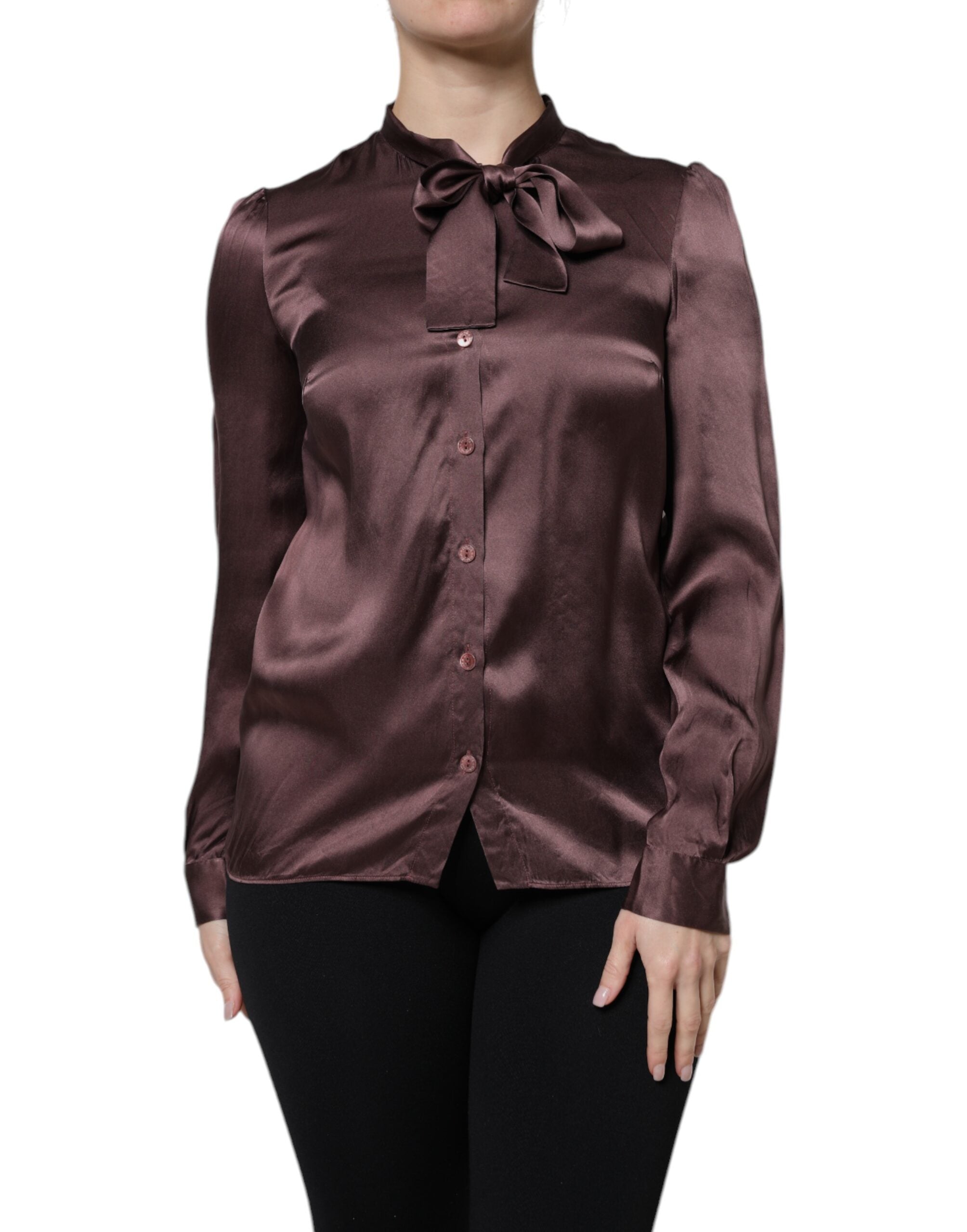 Dolce & Gabbana Braunes Ascot-Kragen-Langarm-Blusentop