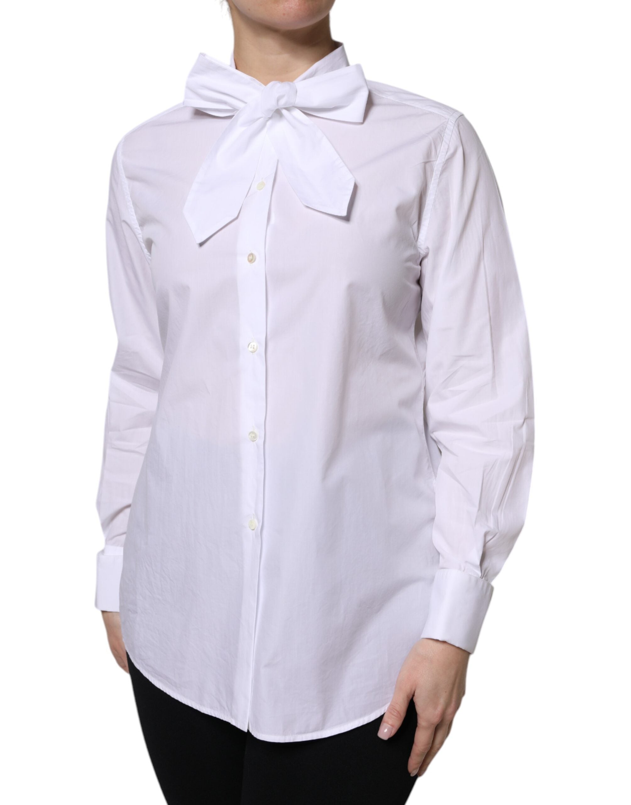 Dolce & Gabbana Weißer Ascot-Kragen Langarm-Bluse Top