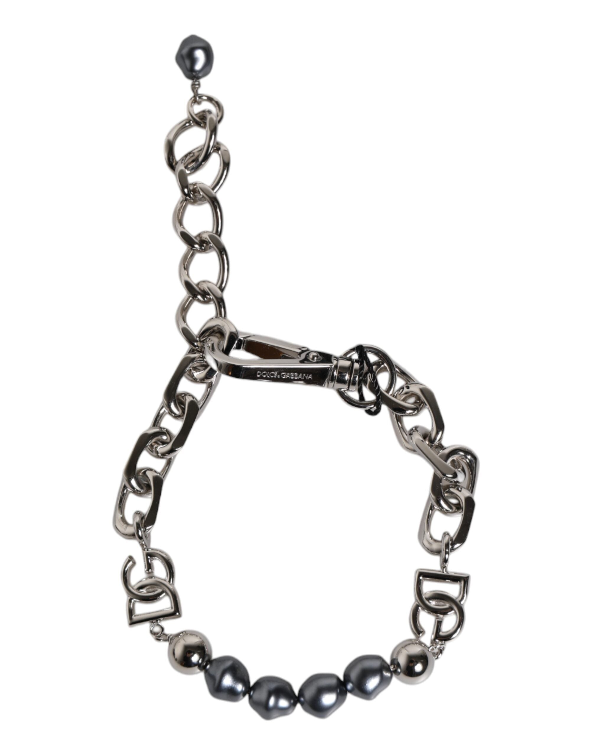 Dolce & Gabbana Armband mit silberfarbener Kette, Karabinerverschluss, Logo und grauen Perlen