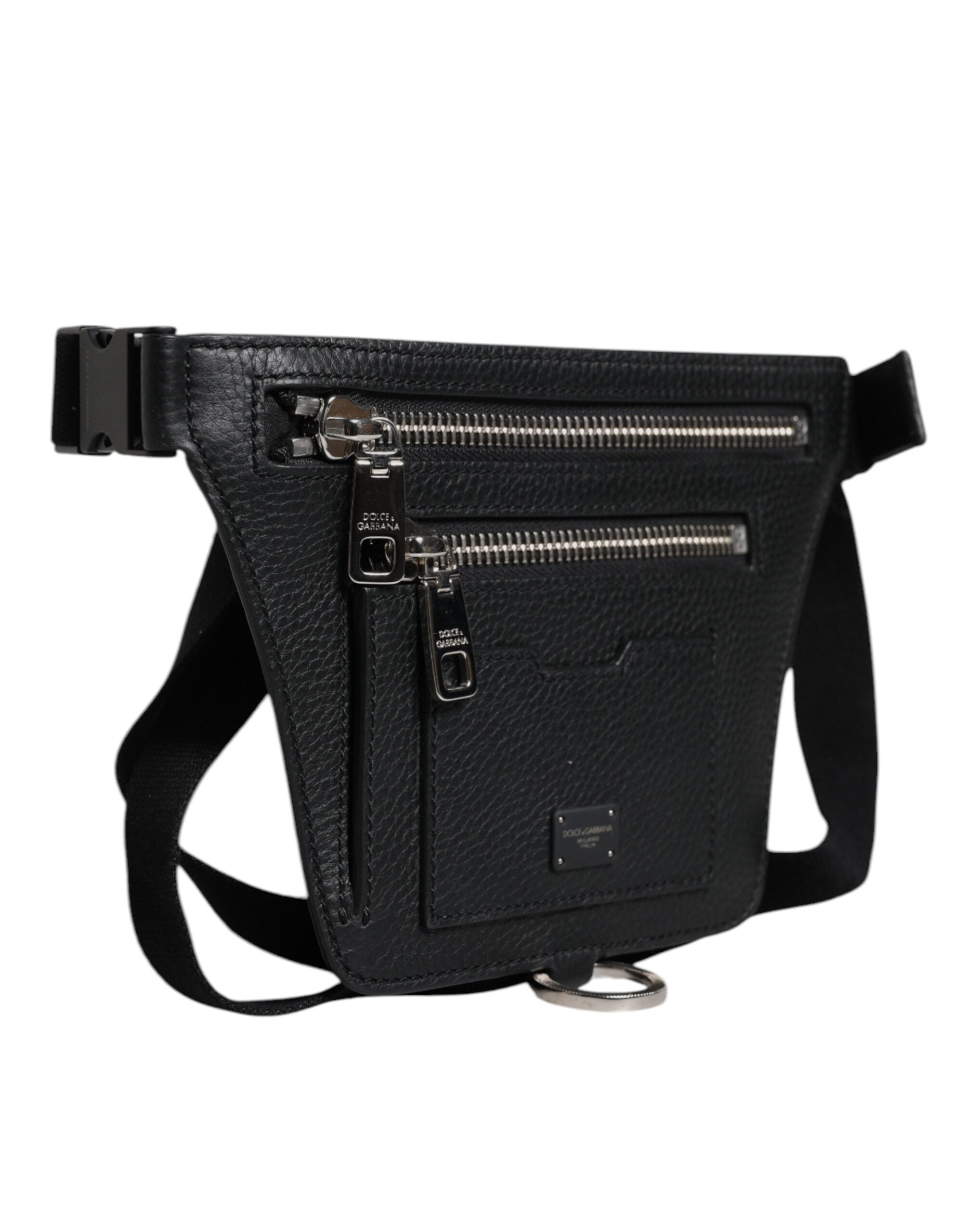 Dolce & Gabbana Schwarzes Kalbsleder Logo Plaque Gürtel Taille Männer Fanny Pack Tasche