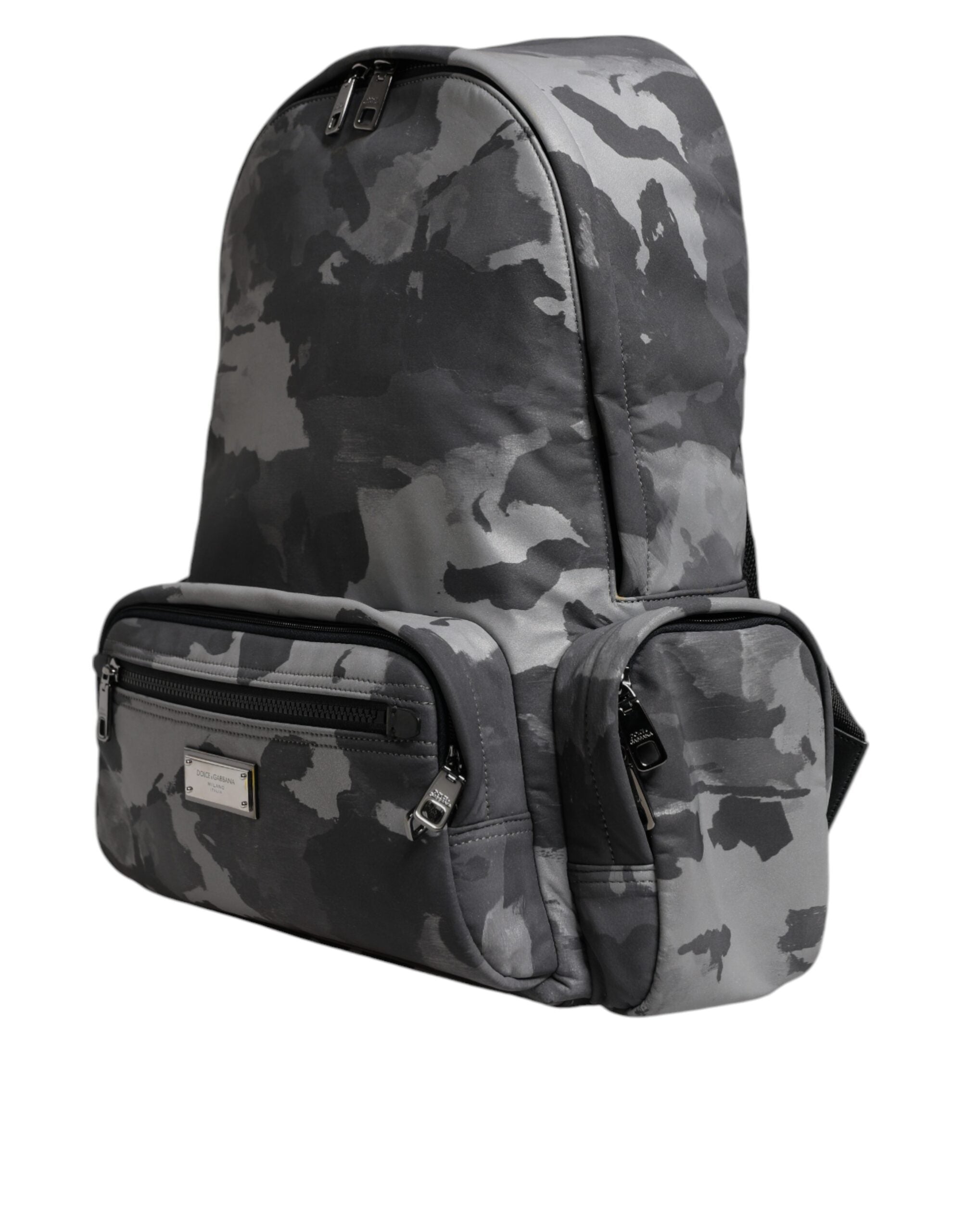 Dolce & Gabbana Graue Baumwolle Camouflage Logo Plaque Rucksack Tasche