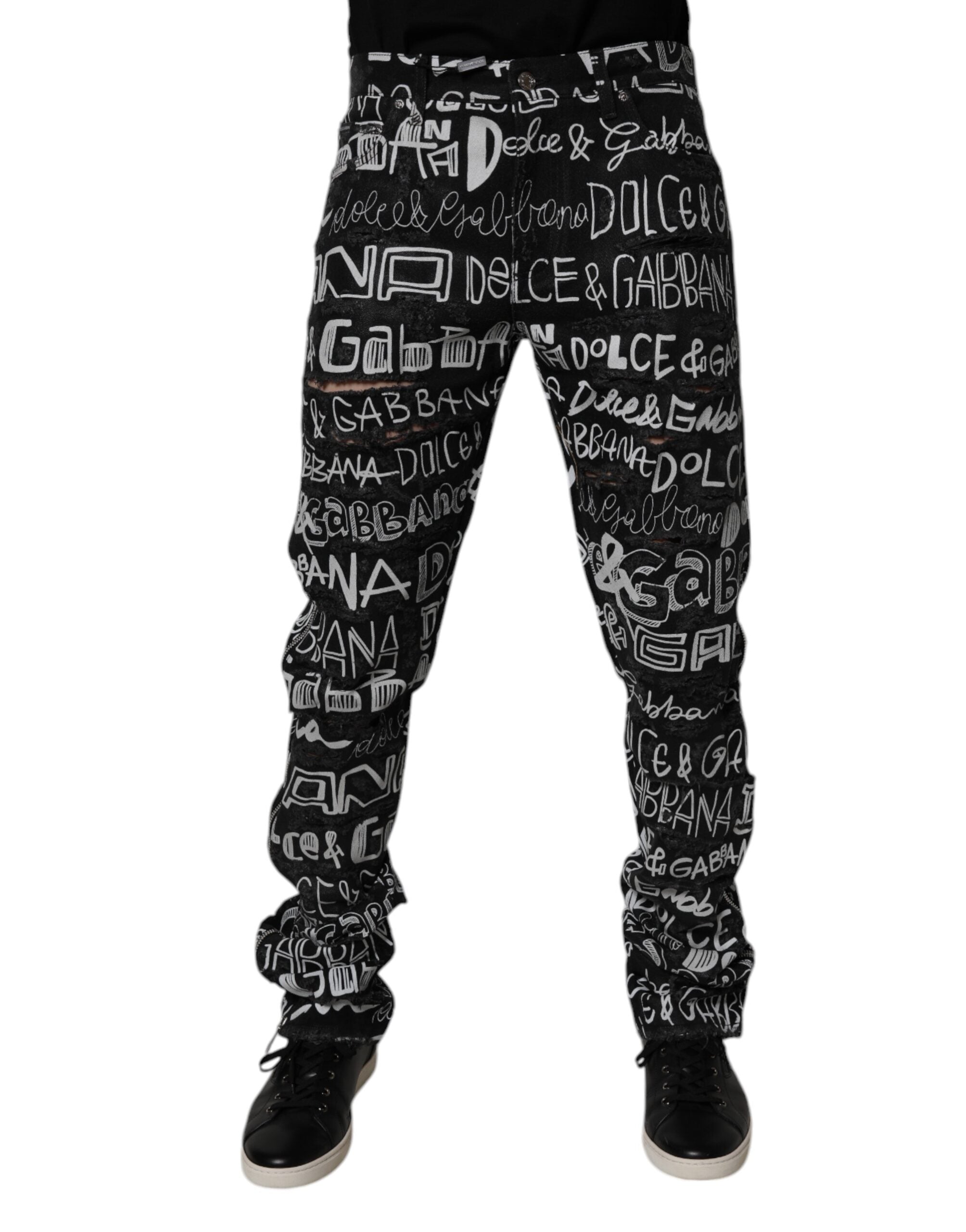 Dolce & Gabbana Schwarze Logo bedruckte Straight Denim Jeans aus Baumwolle