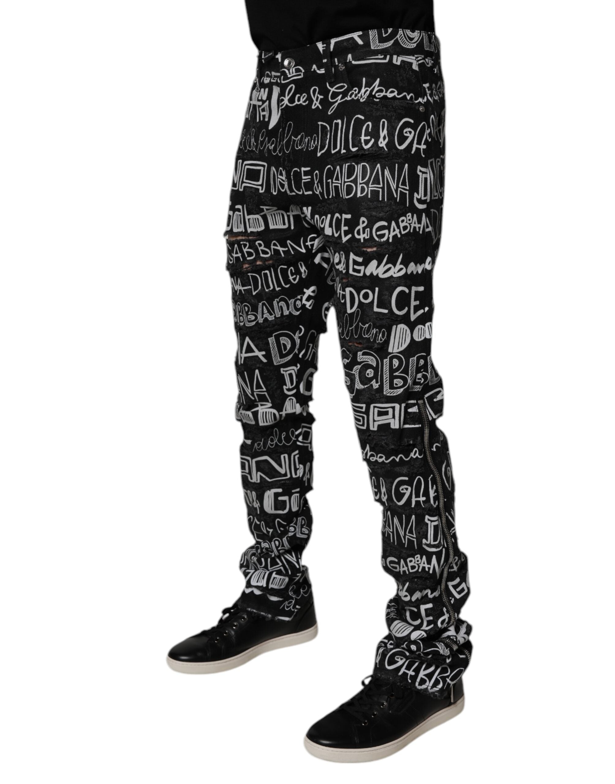Dolce & Gabbana Schwarze Logo bedruckte Straight Denim Jeans aus Baumwolle