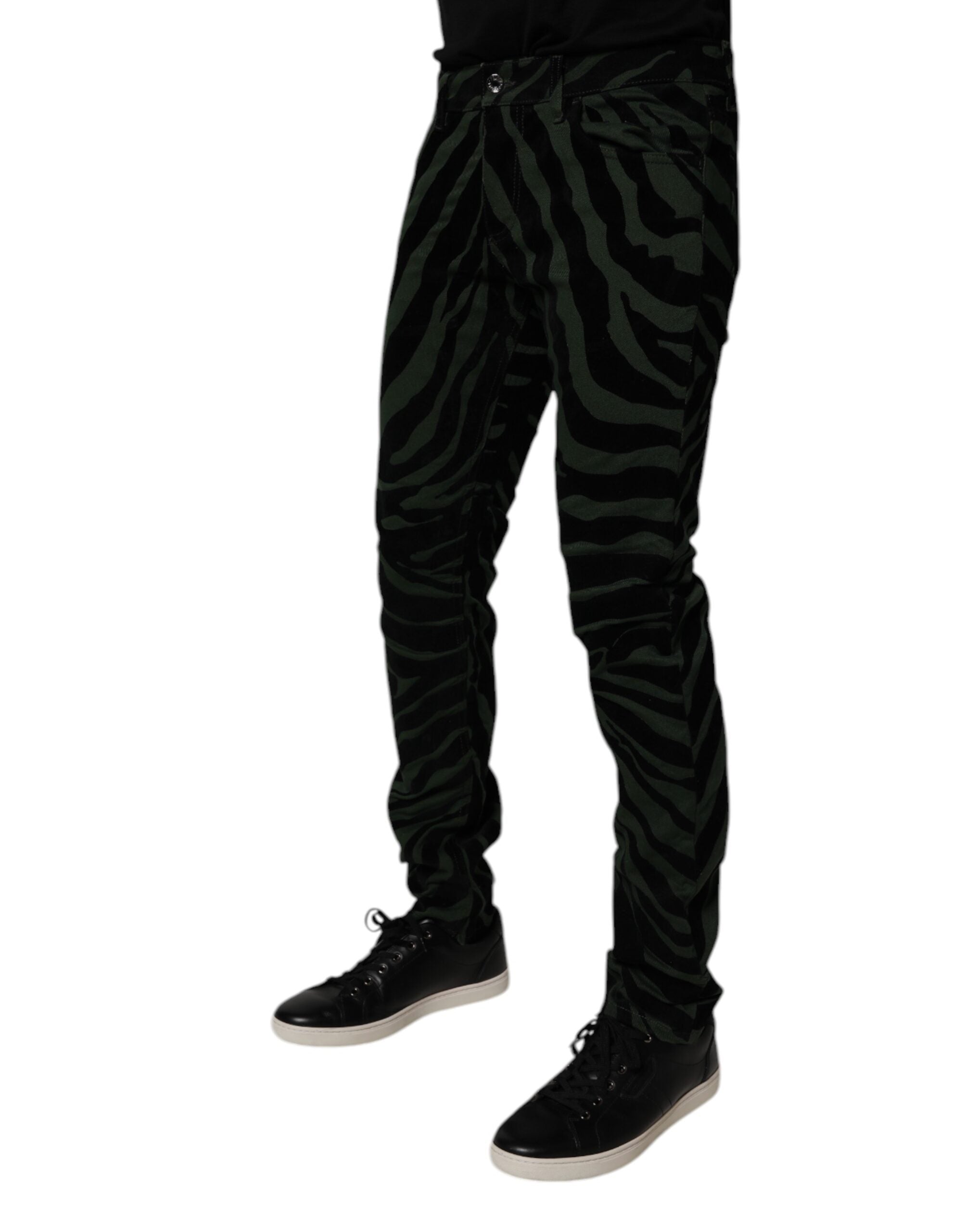 Dolce & Gabbana Schwarz-grün gestreifte Baumwoll-Skinny Denim Jeans