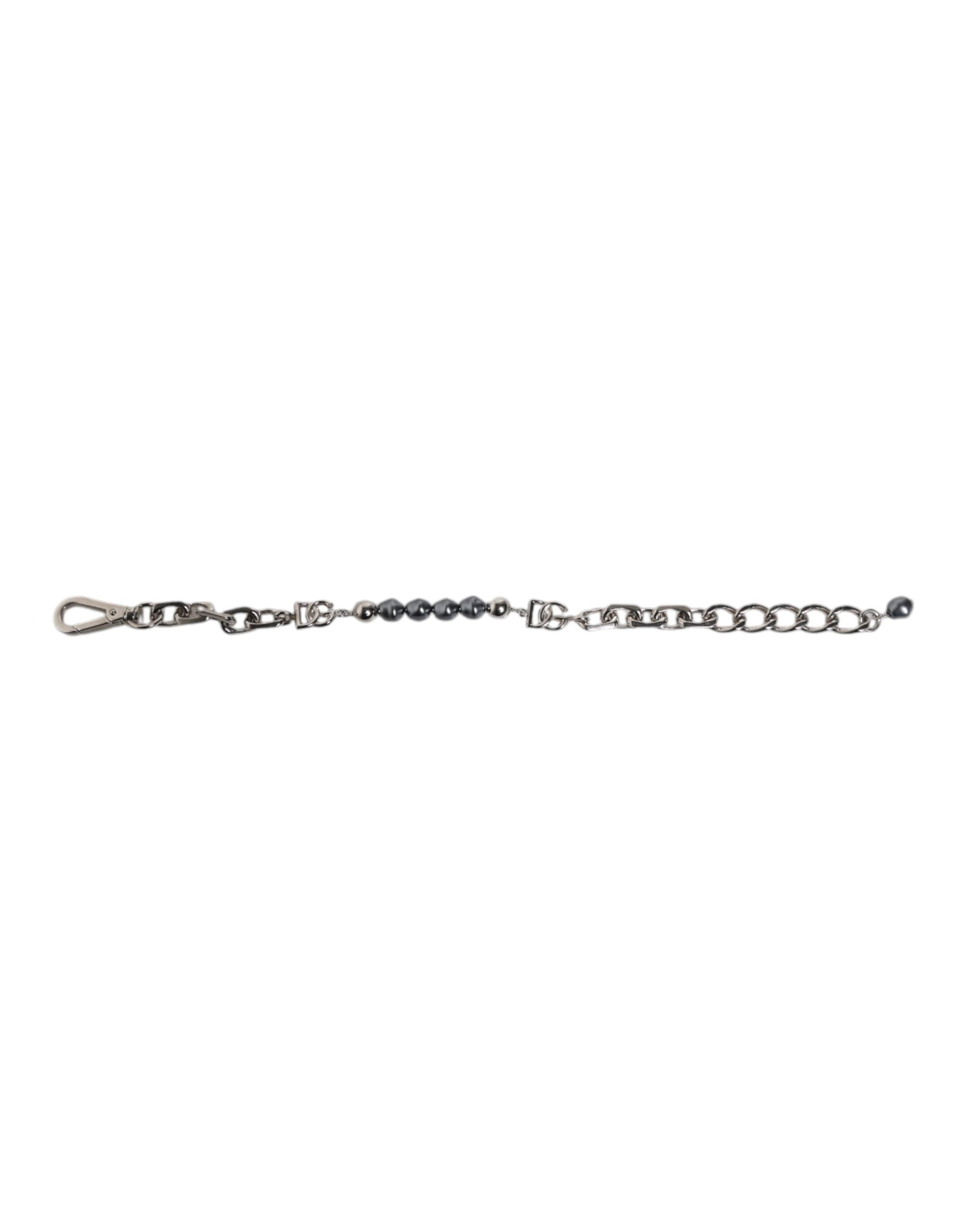 Dolce & Gabbana Armband mit silberfarbener Kette, Karabinerverschluss, Logo und grauen Perlen